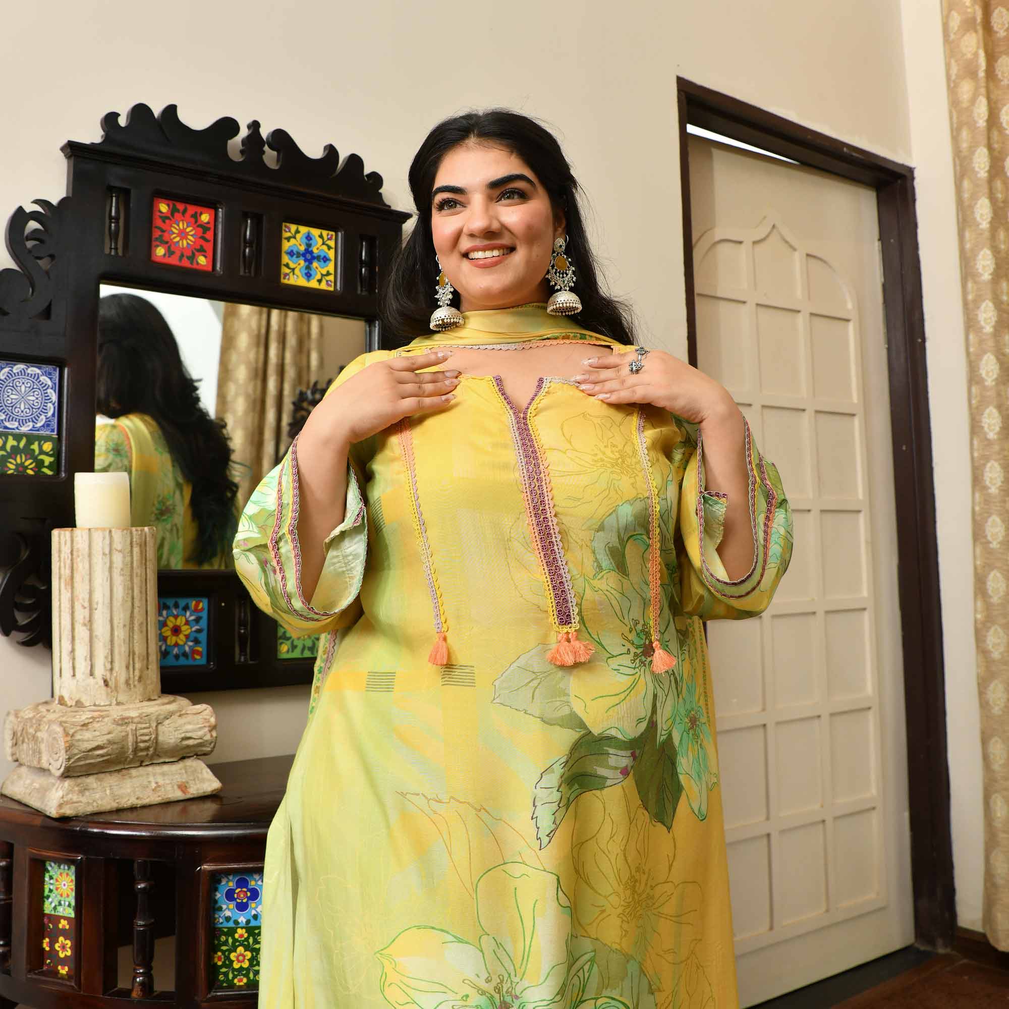 Fresh Lime- Lemon Yellow Floral Pure Muslin Suit Set