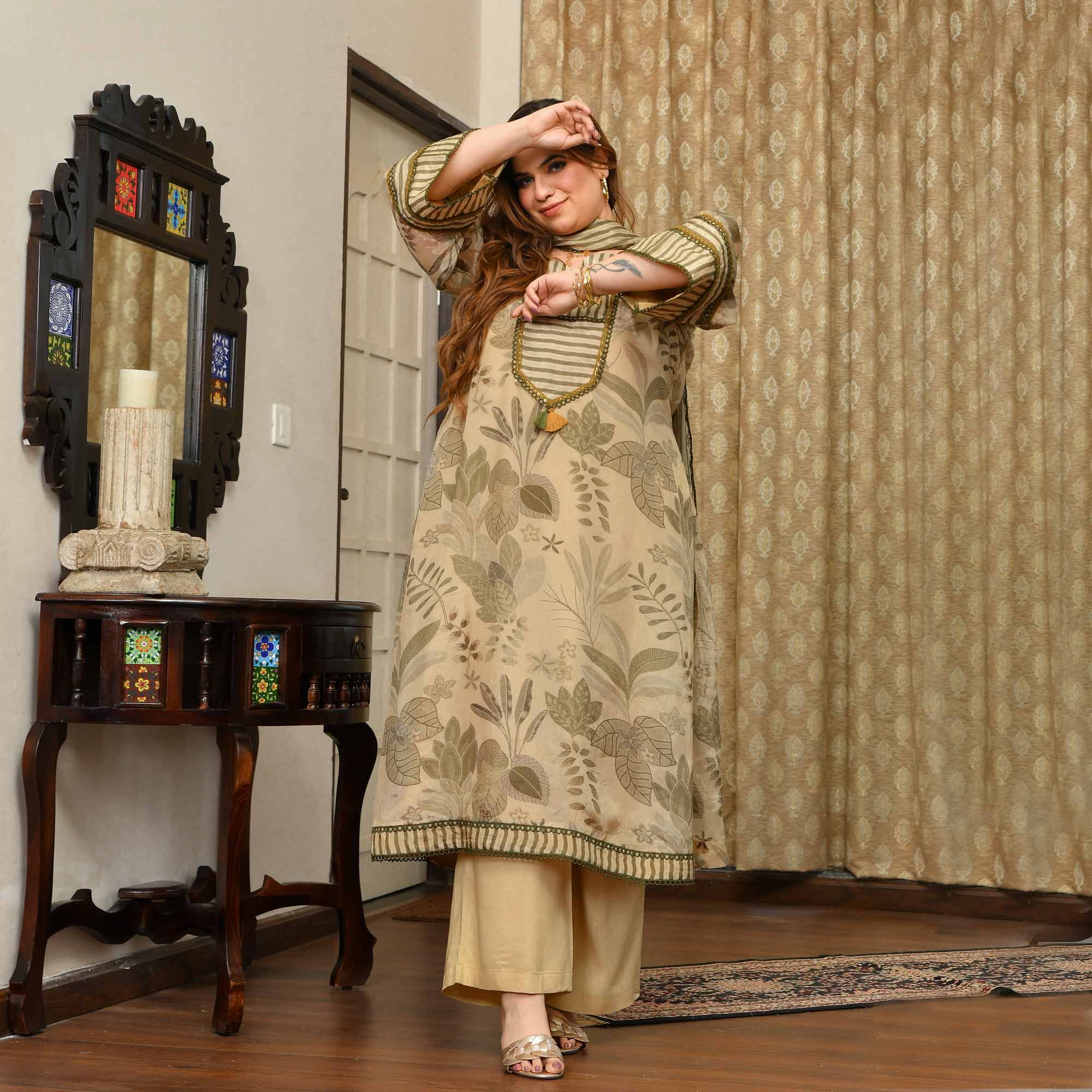 Cashmere- Buttercream Tropical Printed Pure Organza Suit Set