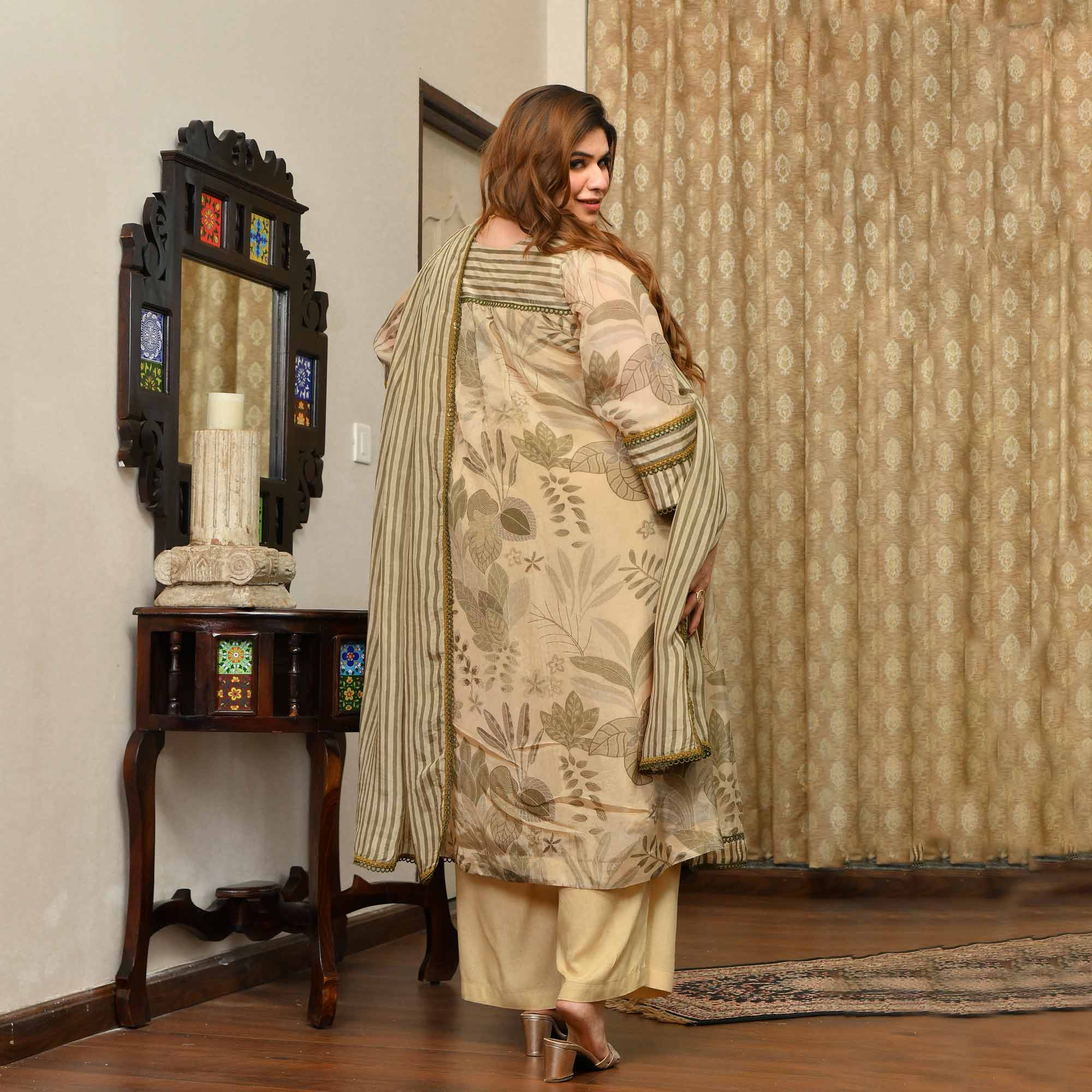 Cashmere- Buttercream Tropical Printed Pure Organza Suit Set