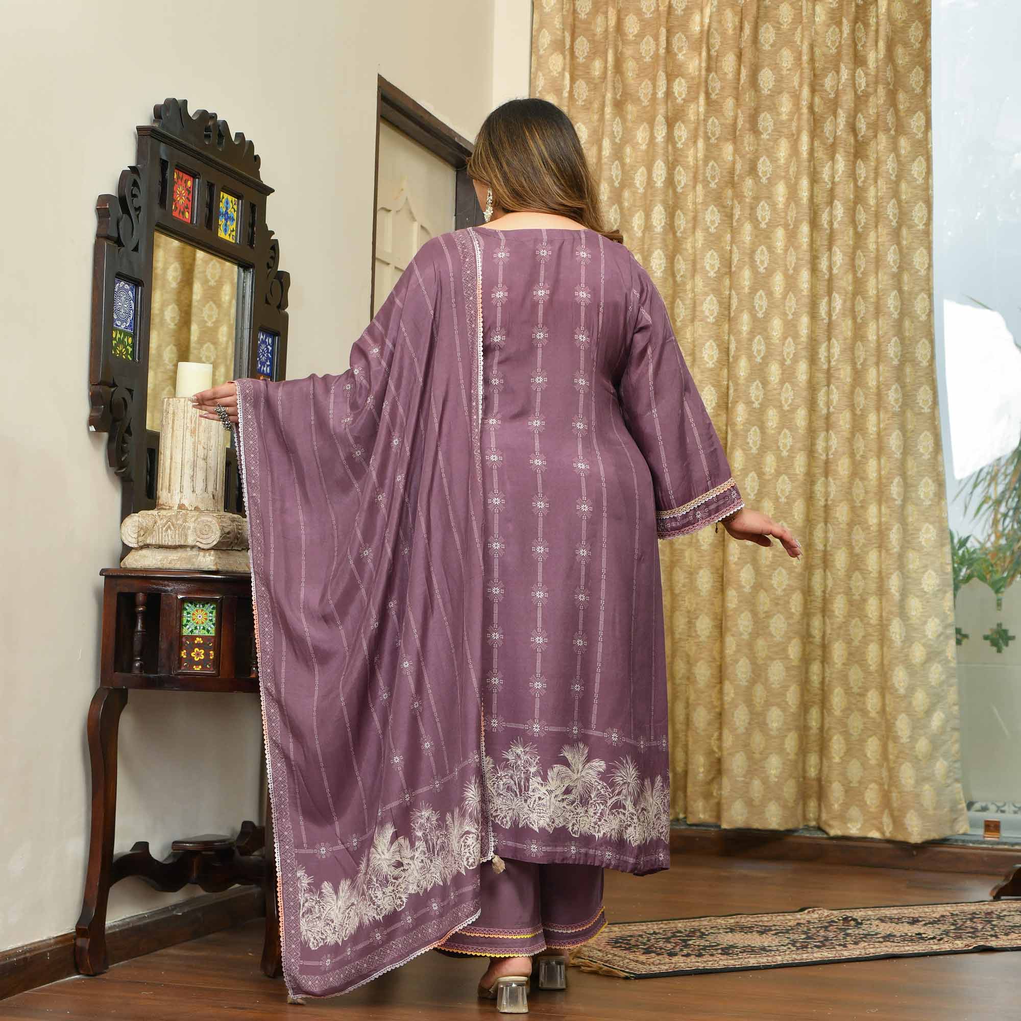 Marshmallow- Dark Mauve Floral Pure Muslin Suit Set