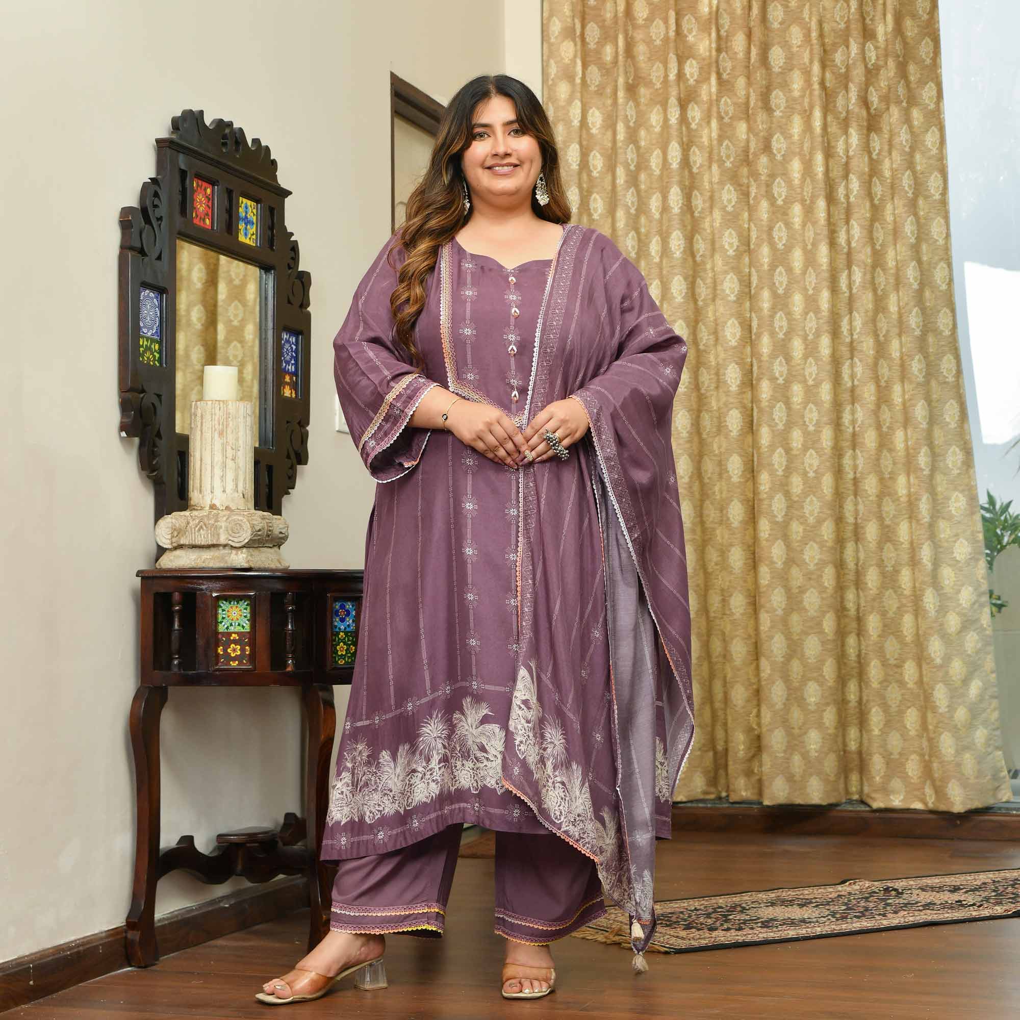 Marshmallow- Dark Mauve Floral Pure Muslin Suit Set