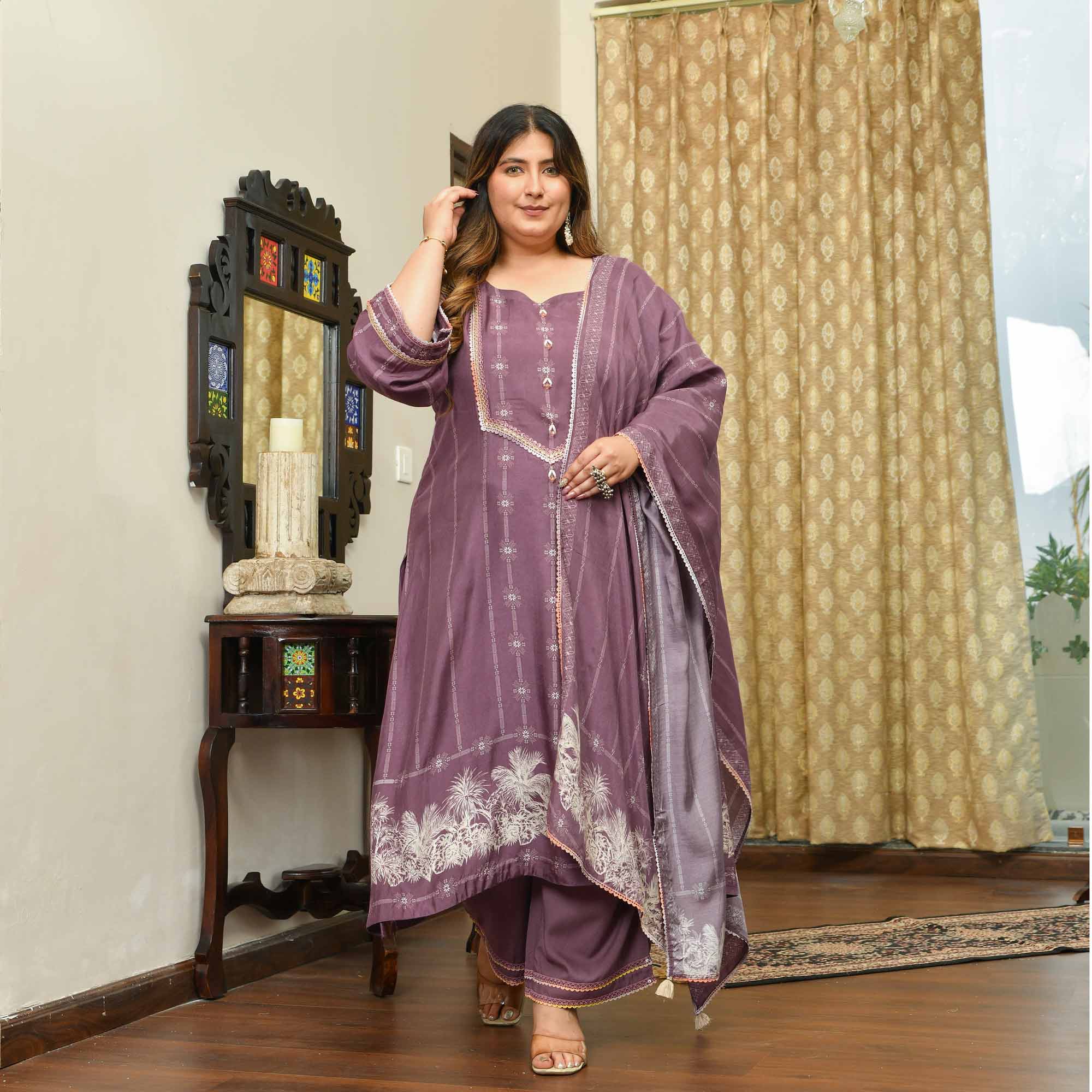 Marshmallow- Dark Mauve Floral Pure Muslin Suit Set