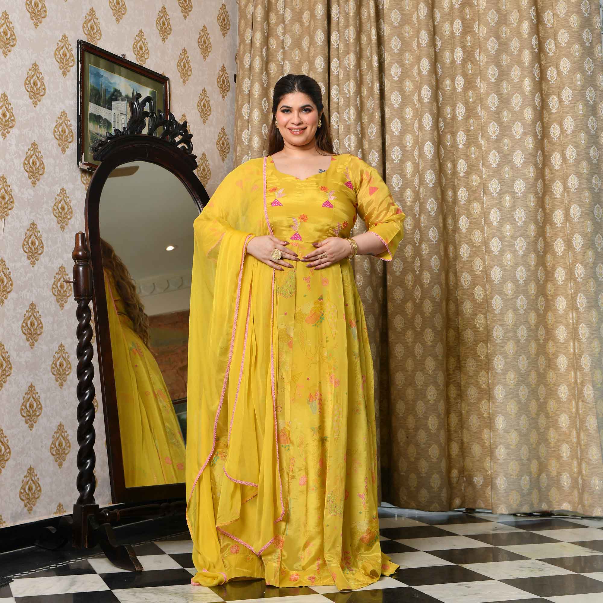 Butter Bouquet- Bright Yellow Floral Printed Pure Organza Anarkali Set