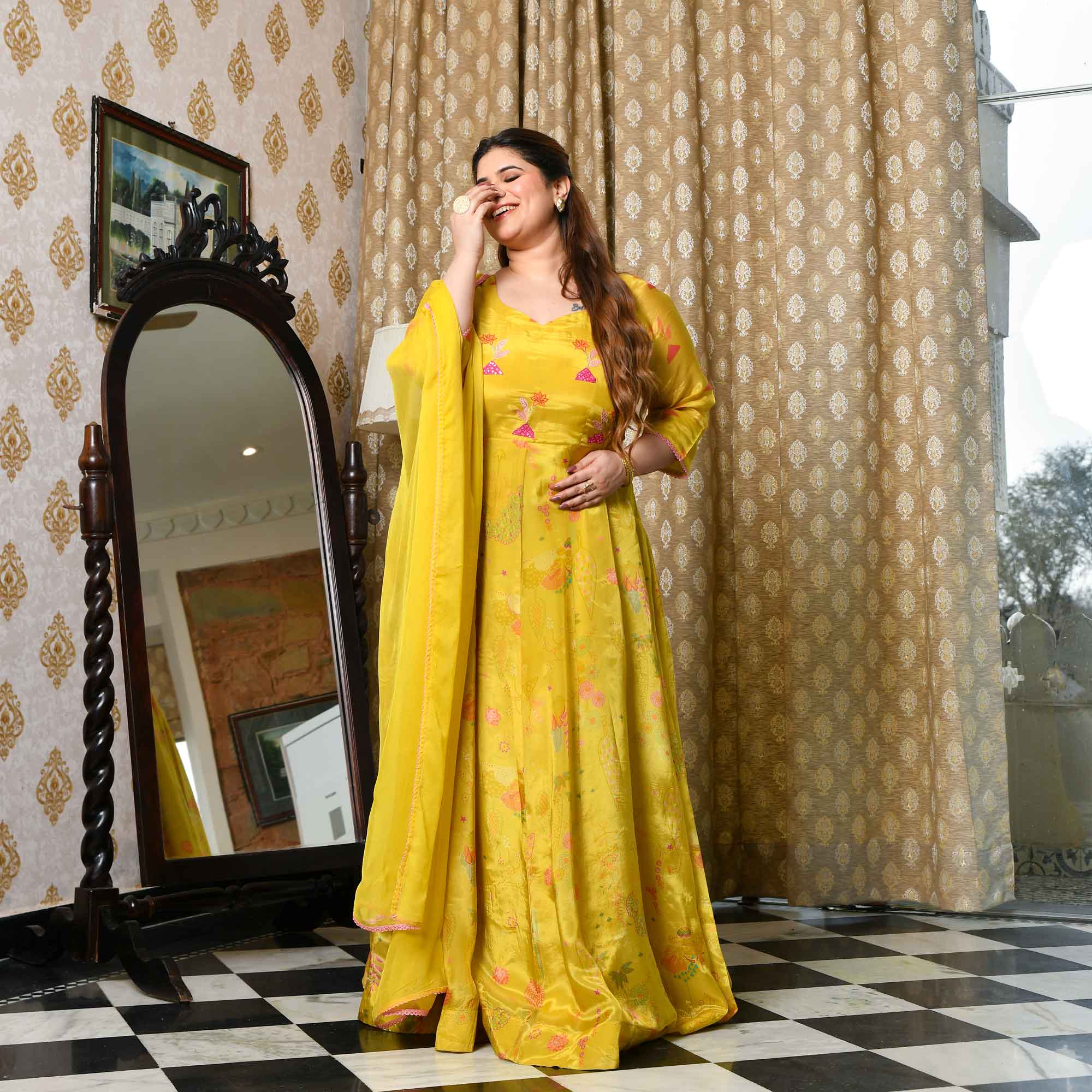 Butter Bouquet- Bright Yellow Floral Printed Pure Organza Anarkali Set