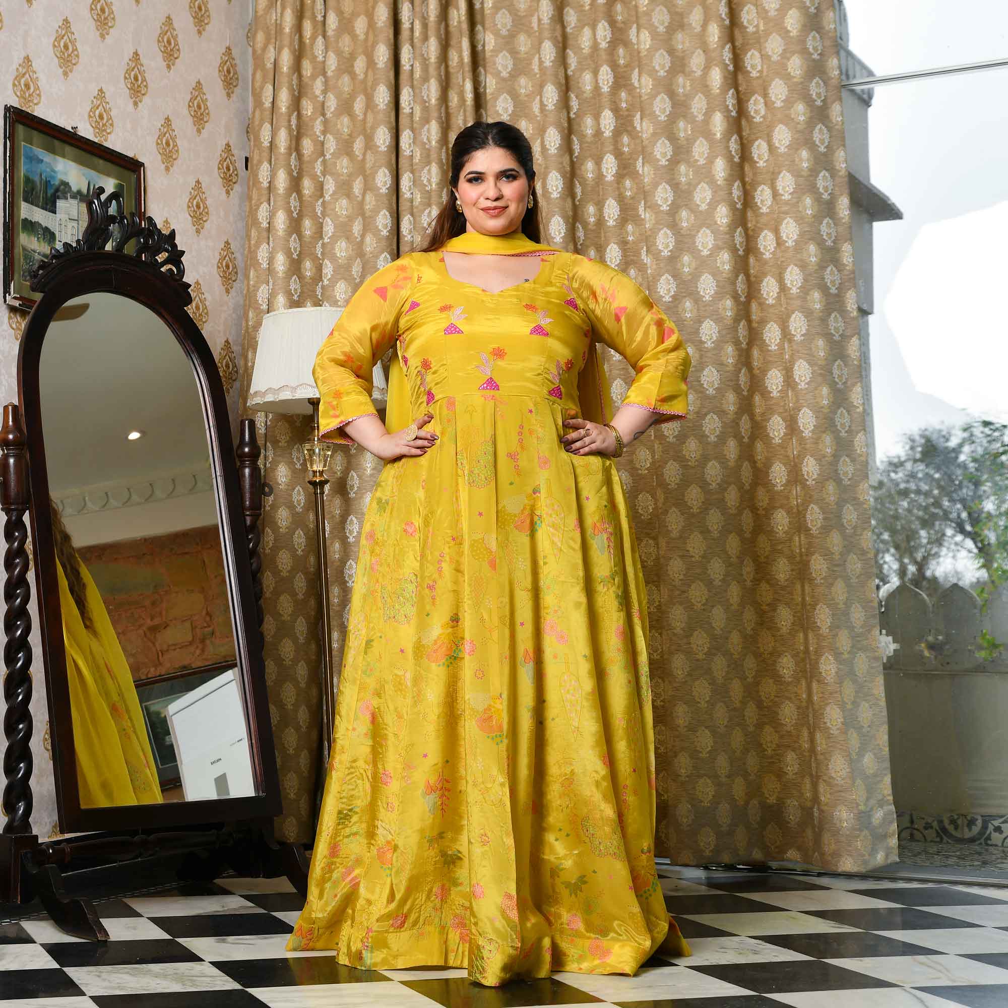 Butter Bouquet- Bright Yellow Floral Printed Pure Organza Anarkali Set