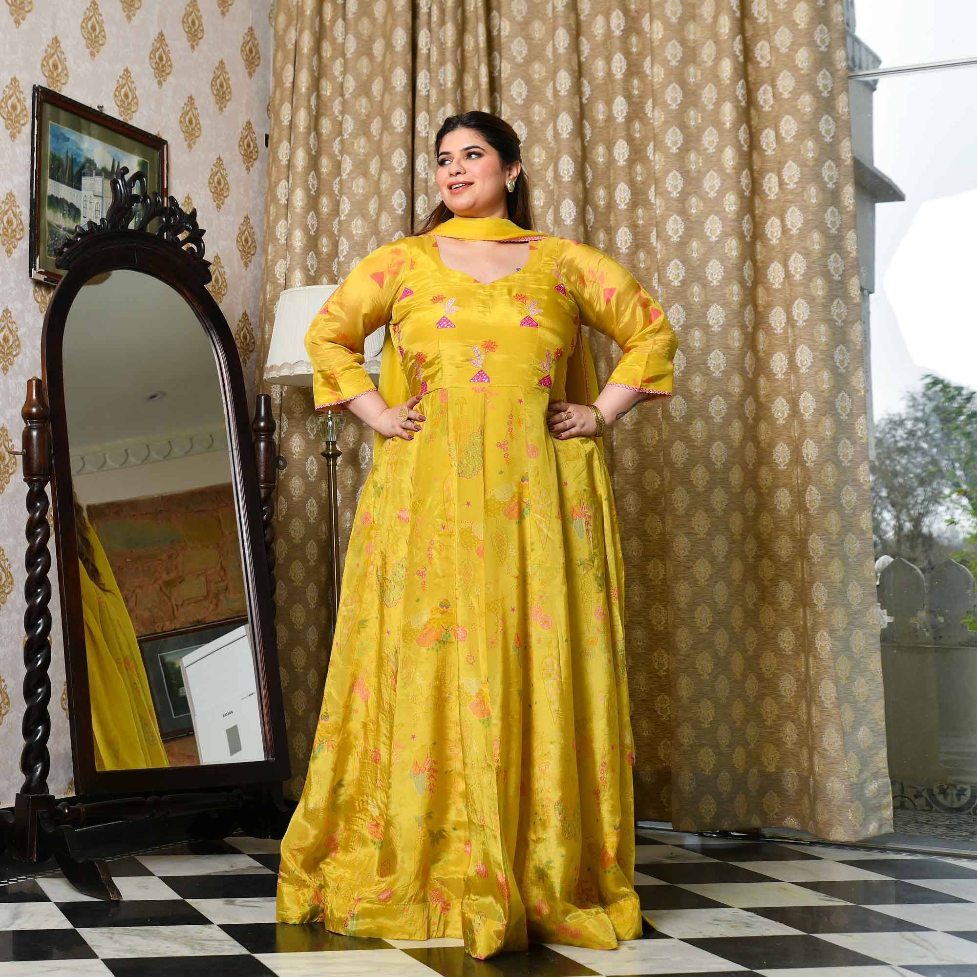 Butter Bouquet- Bright Yellow Floral Printed Pure Organza Anarkali Set