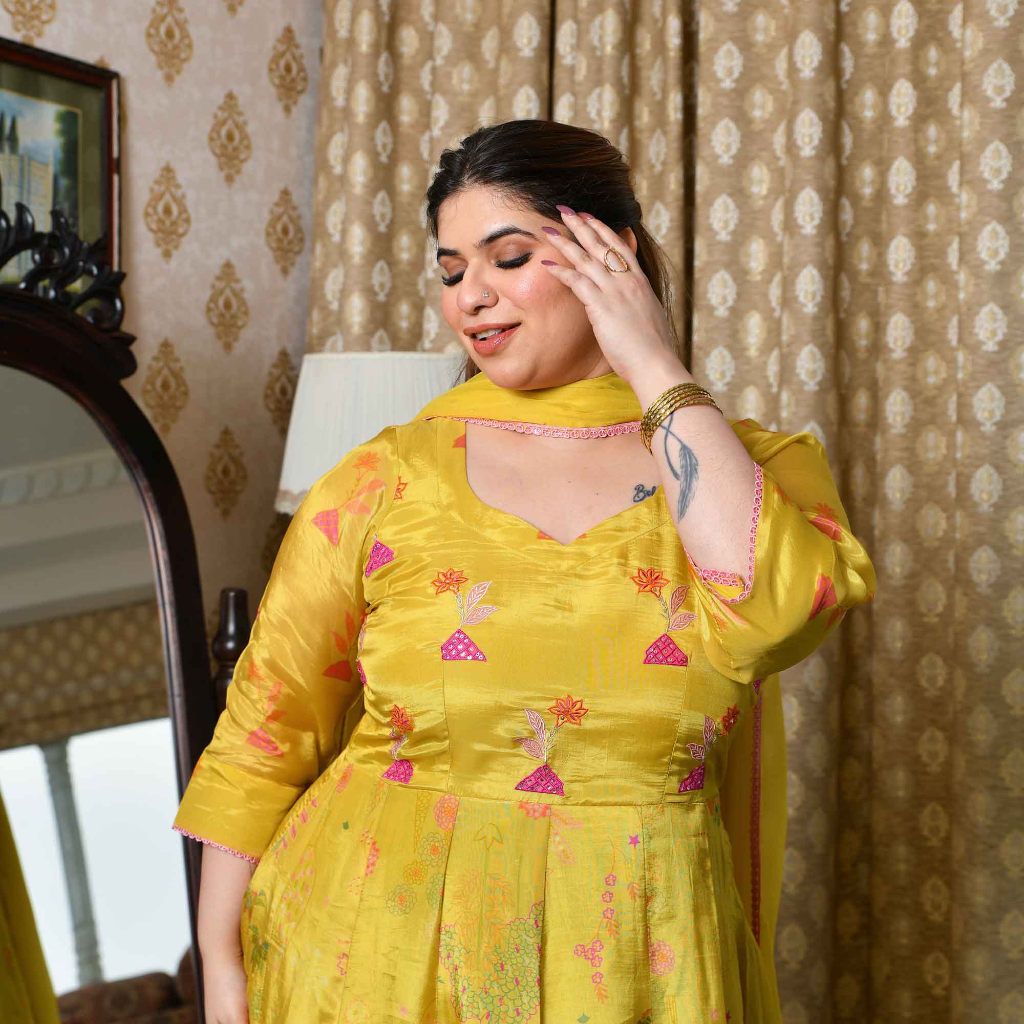 Butter Bouquet- Bright Yellow Floral Printed Pure Organza Anarkali Set