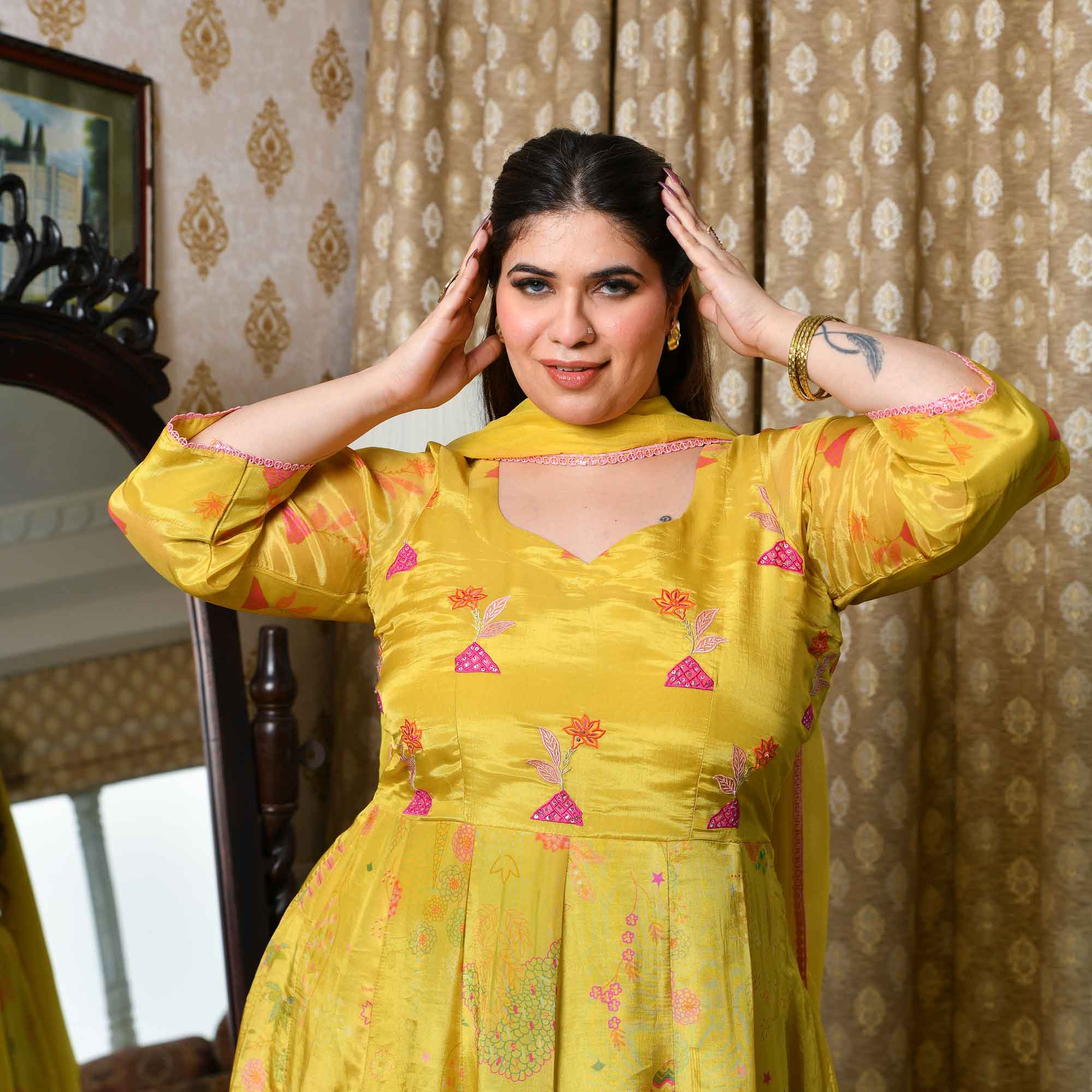 Butter Bouquet- Bright Yellow Floral Printed Pure Organza Anarkali Set