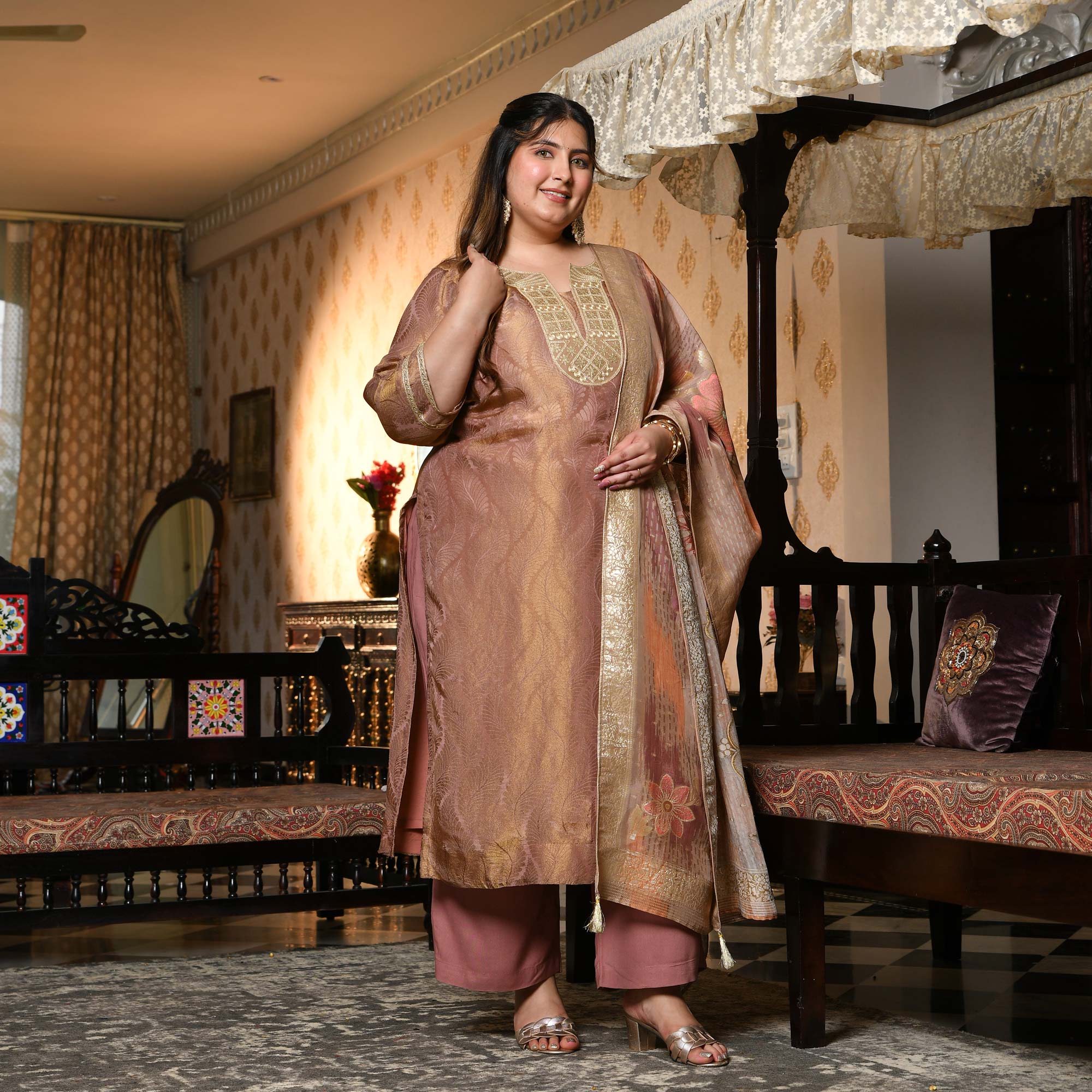 Radha- Rosy Brown Pure Tissue Silk Banarasi suit set