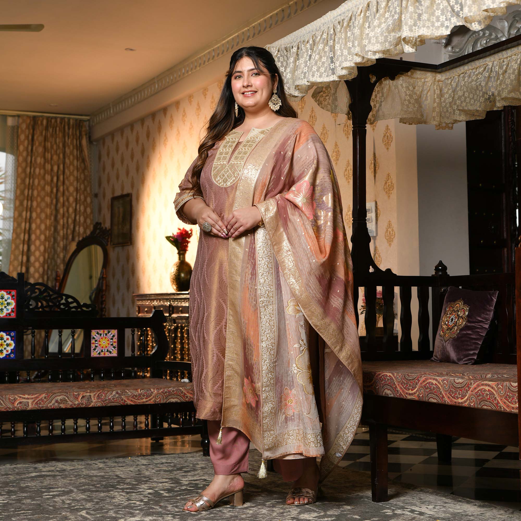 Radha- Rosy Brown Pure Tissue Silk Banarasi suit set