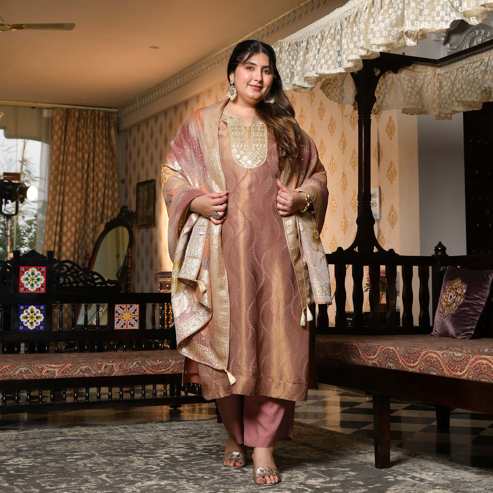 Radha- Rosy Brown Pure Tissue Silk Banarasi suit set