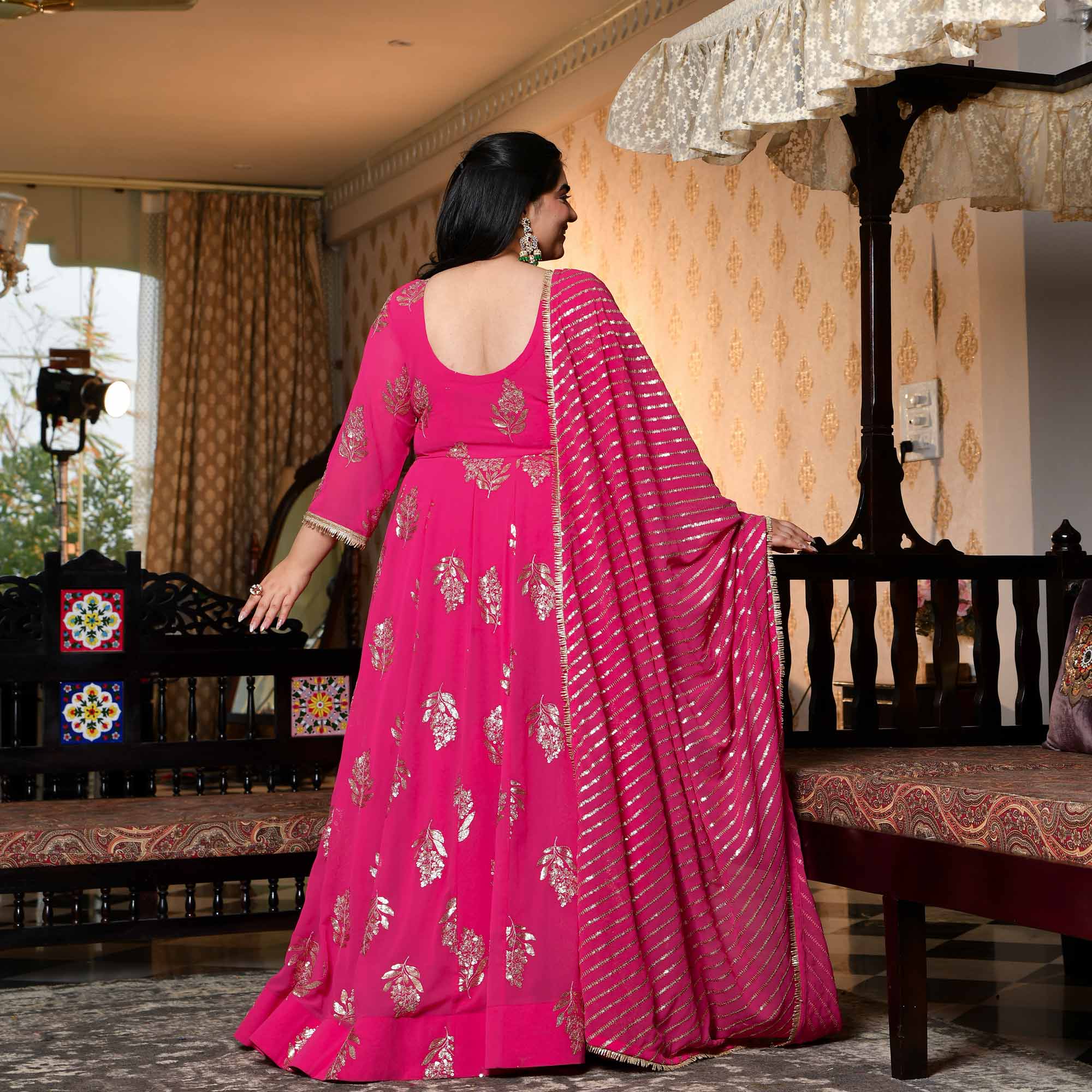 Dilbar - Fuscia Pink Sequin Embroidered Georgette Anarkali Set