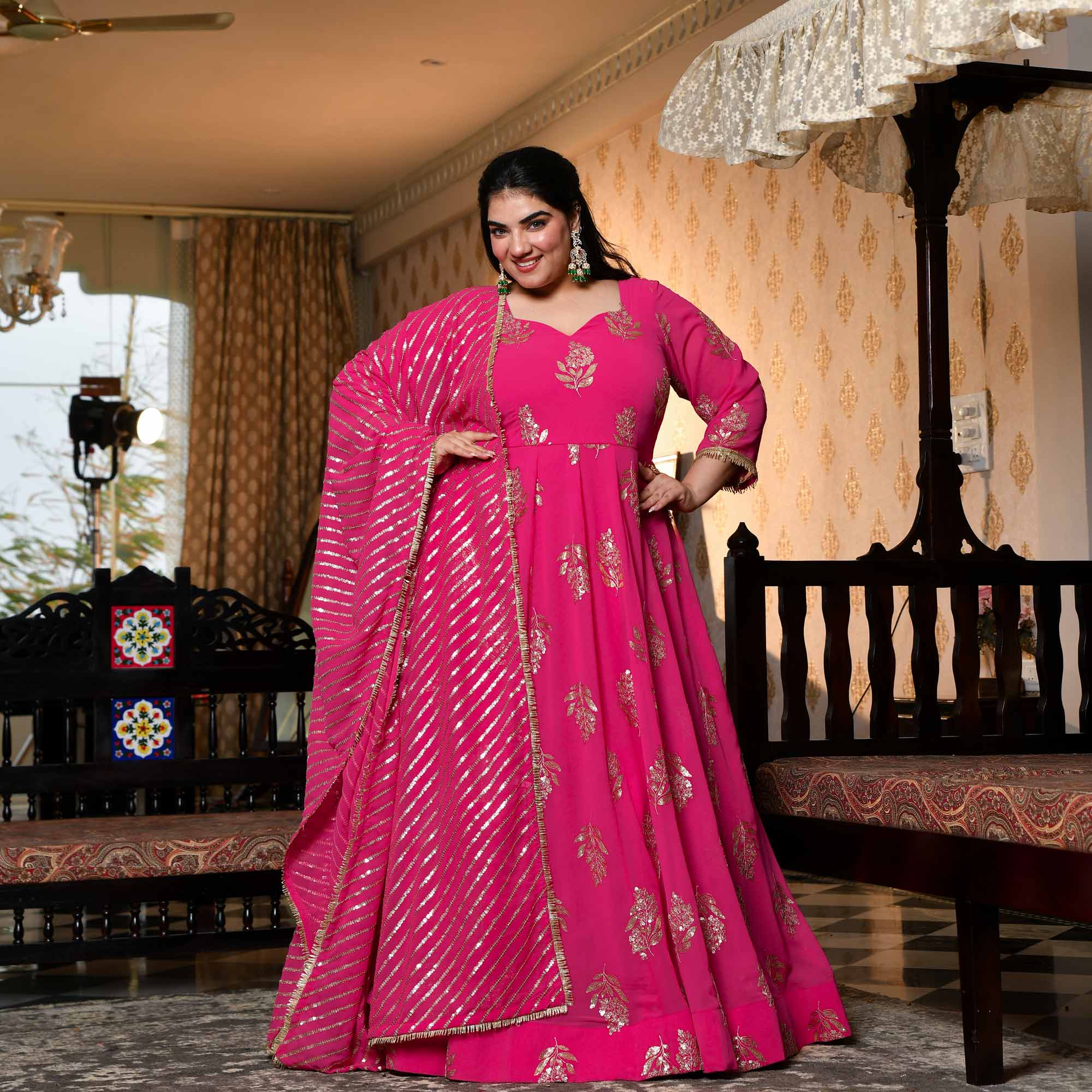 Dilbar - Fuscia Pink Sequin Embroidered Georgette Anarkali Set