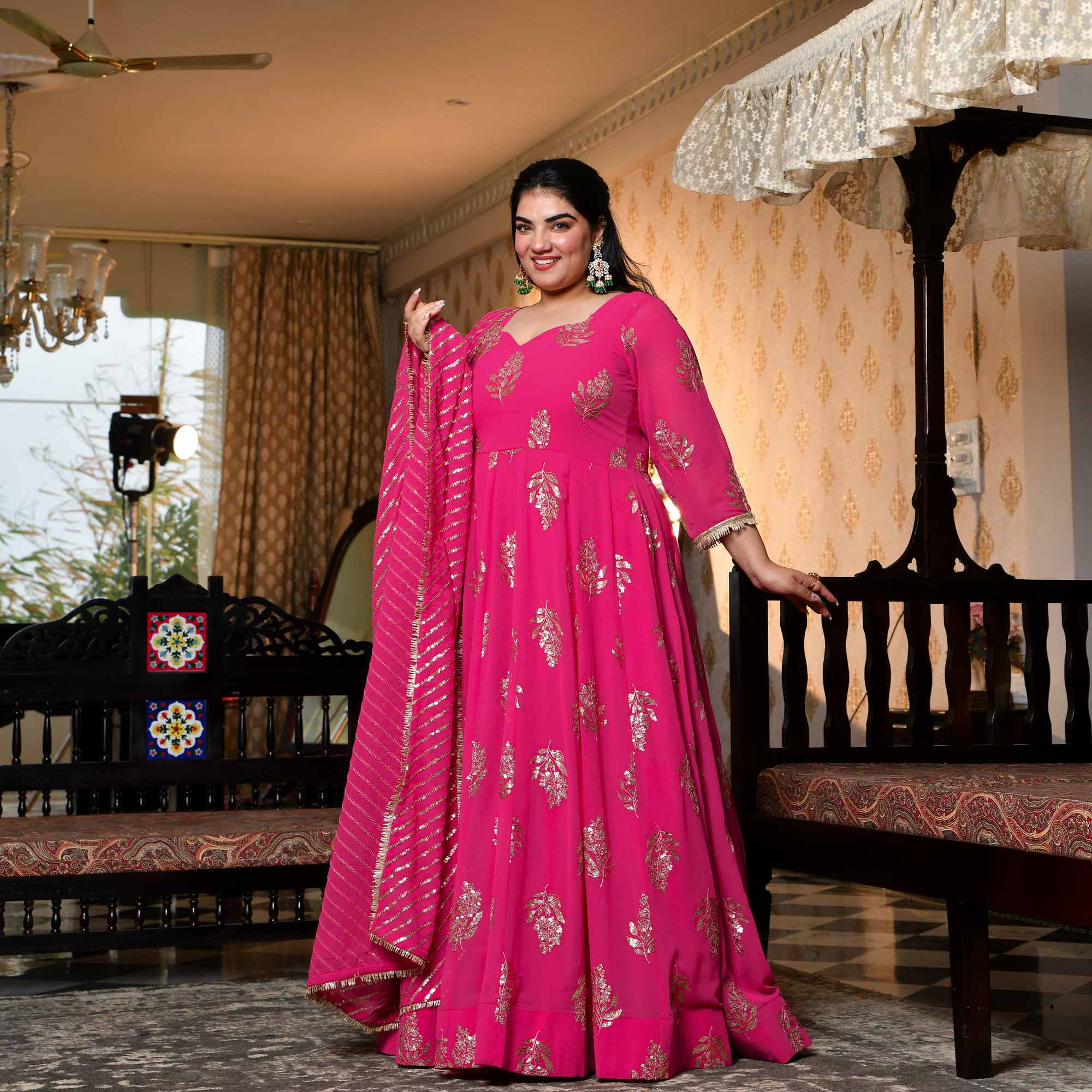 Dilbar - Fuscia Pink Sequin Embroidered Georgette Anarkali Set