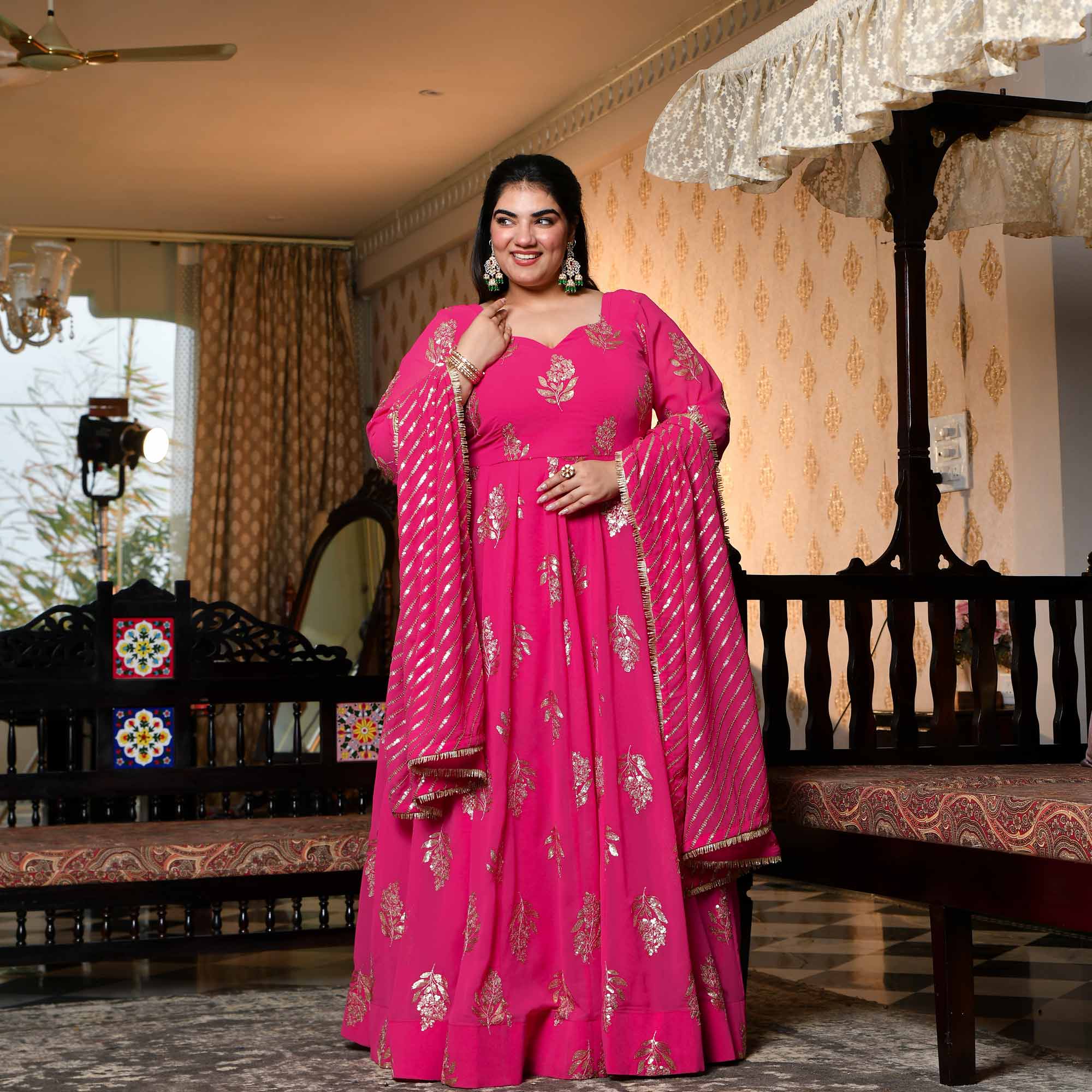 Dilbar - Fuscia Pink Sequin Embroidered Georgette Anarkali Set