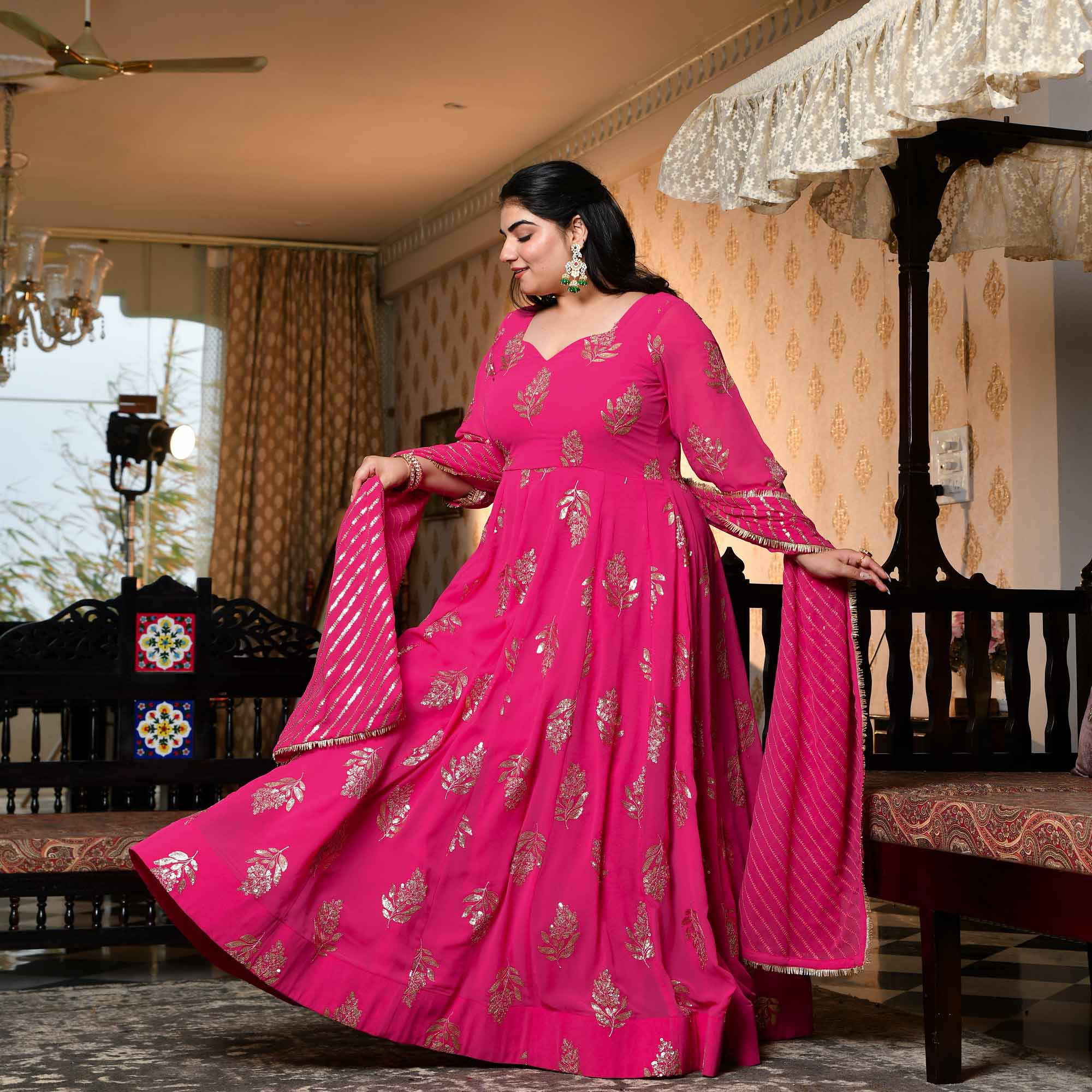 Dilbar - Fuscia Pink Sequin Embroidered Georgette Anarkali Set