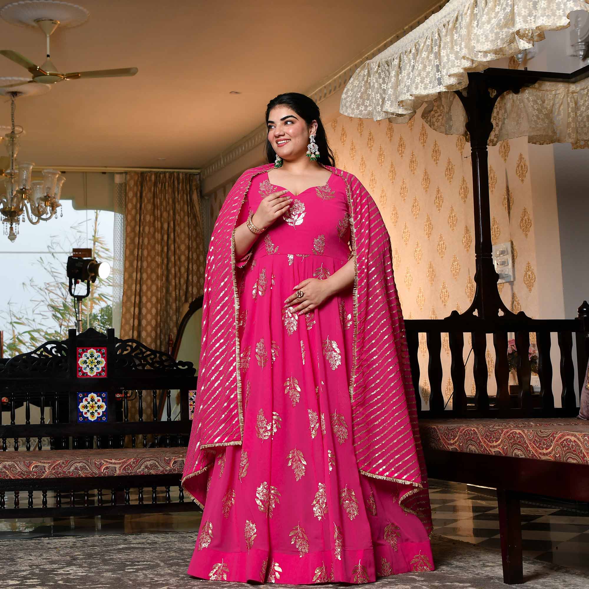 Dilbar - Fuscia Pink Sequin Embroidered Georgette Anarkali Set