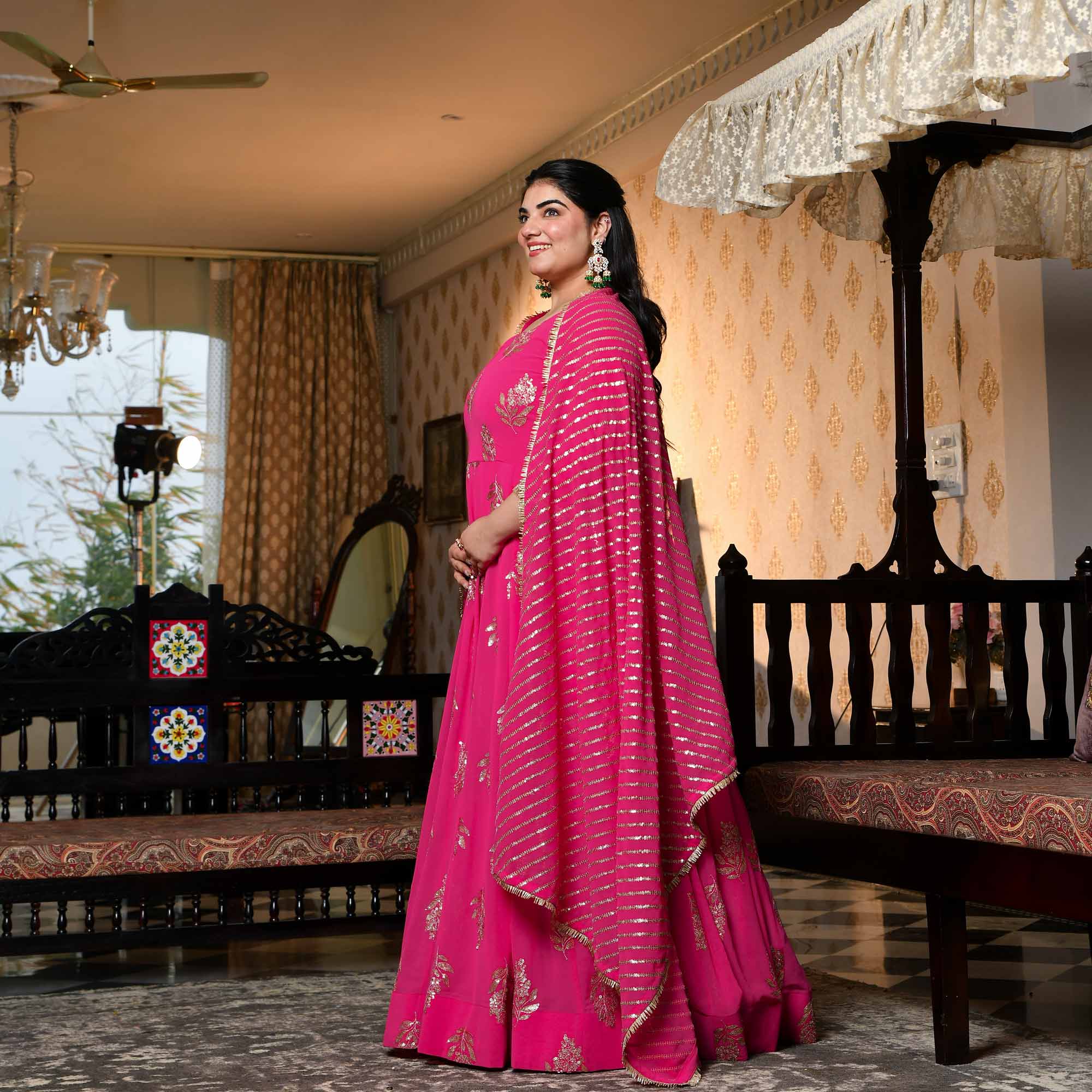 Dilbar - Fuscia Pink Sequin Embroidered Georgette Anarkali Set