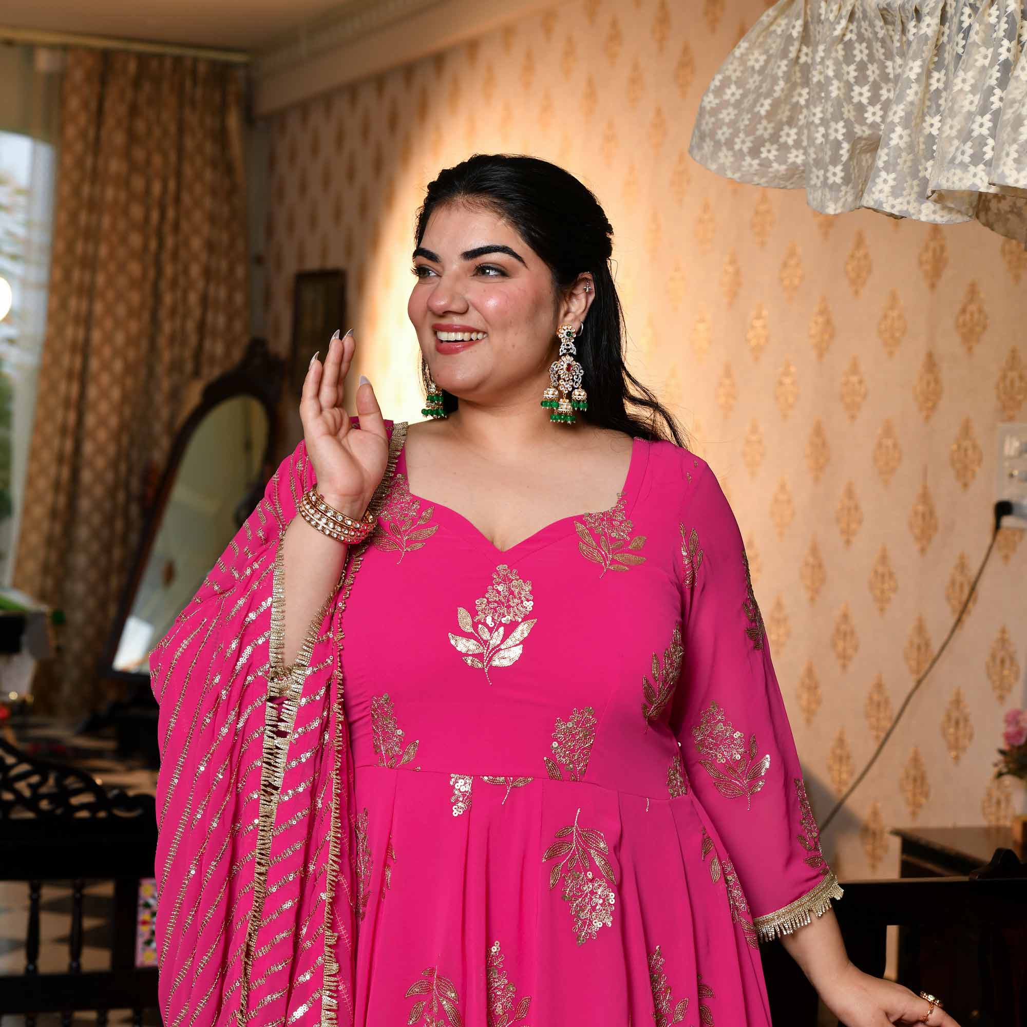 Dilbar - Fuscia Pink Sequin Embroidered Georgette Anarkali Set