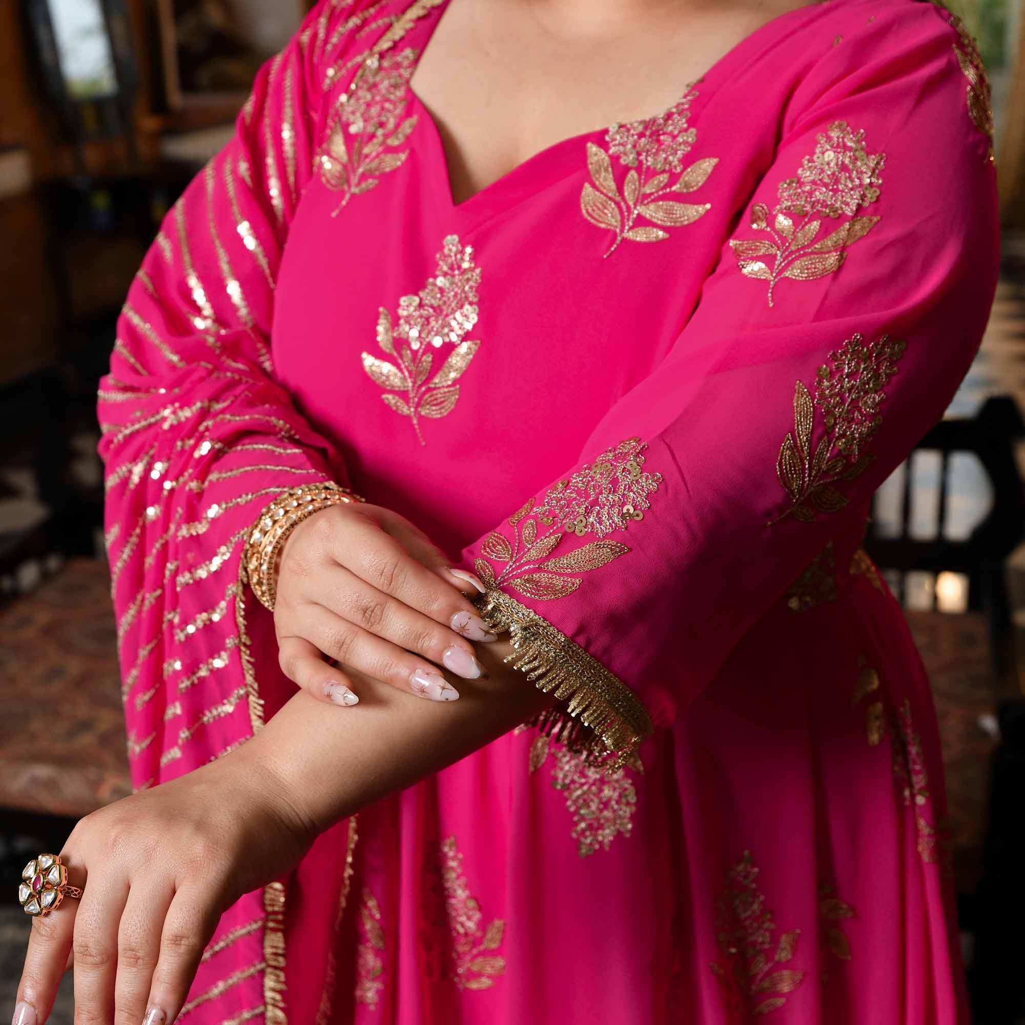 Dilbar - Fuscia Pink Sequin Embroidered Georgette Anarkali Set