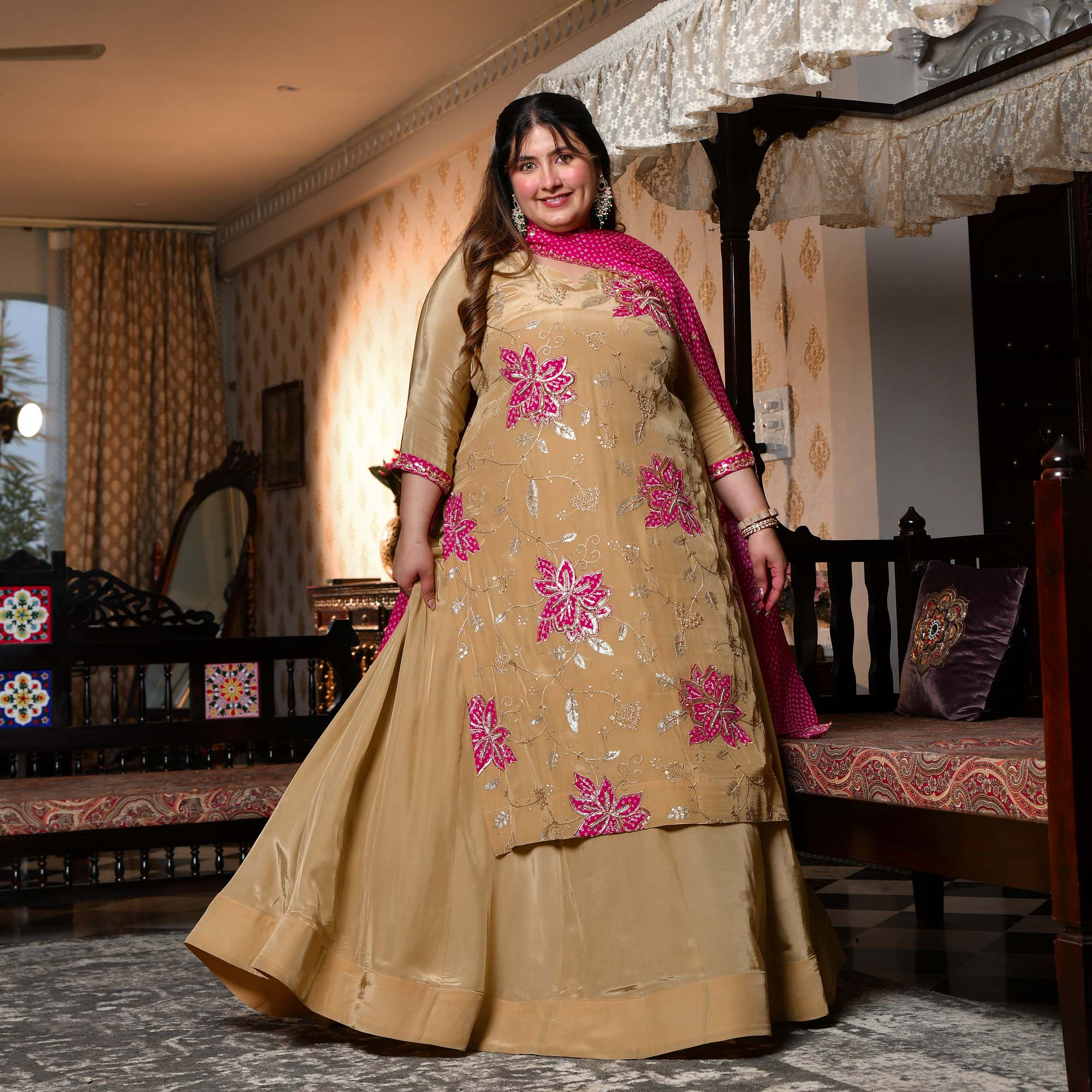 Ishq wala Love- Gold & Pink Pure Crepe Cutdana Embroidered Kurta Skirt Set