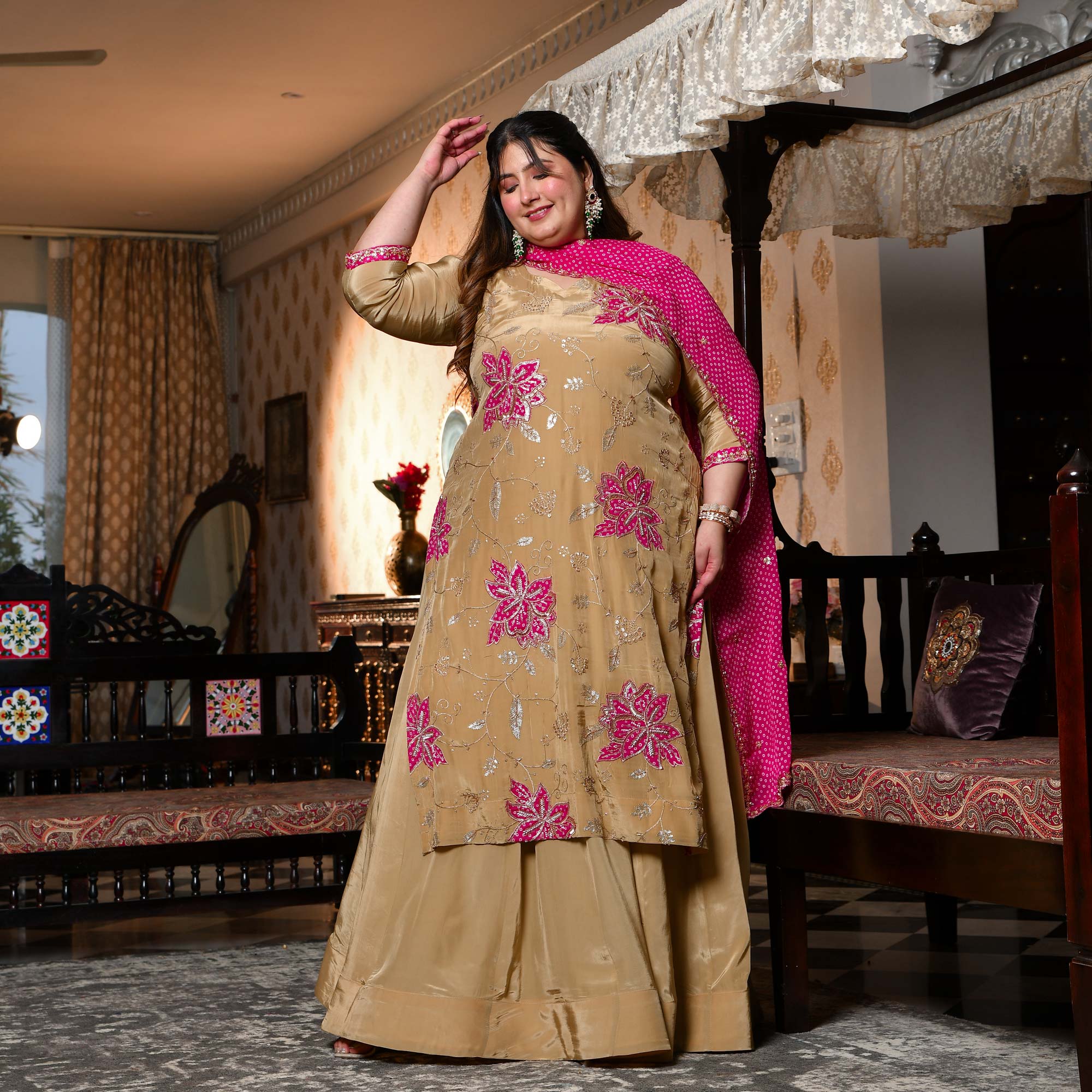 Ishq wala Love- Gold & Pink Pure Crepe Cutdana Embroidered Kurta Skirt Set