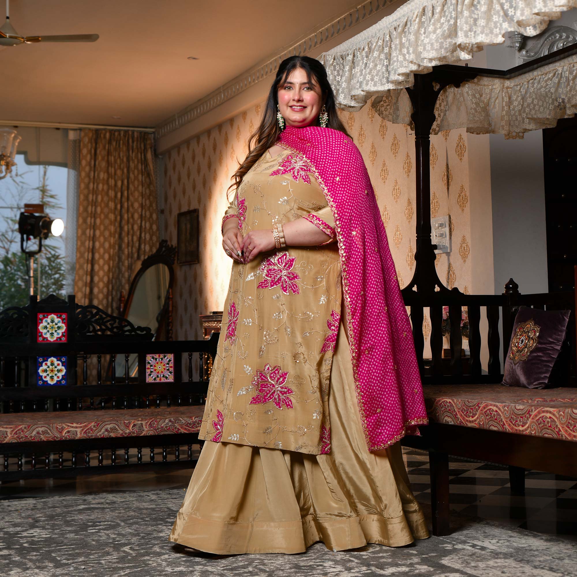 Ishq wala Love- Gold & Pink Pure Crepe Cutdana Embroidered Kurta Skirt Set