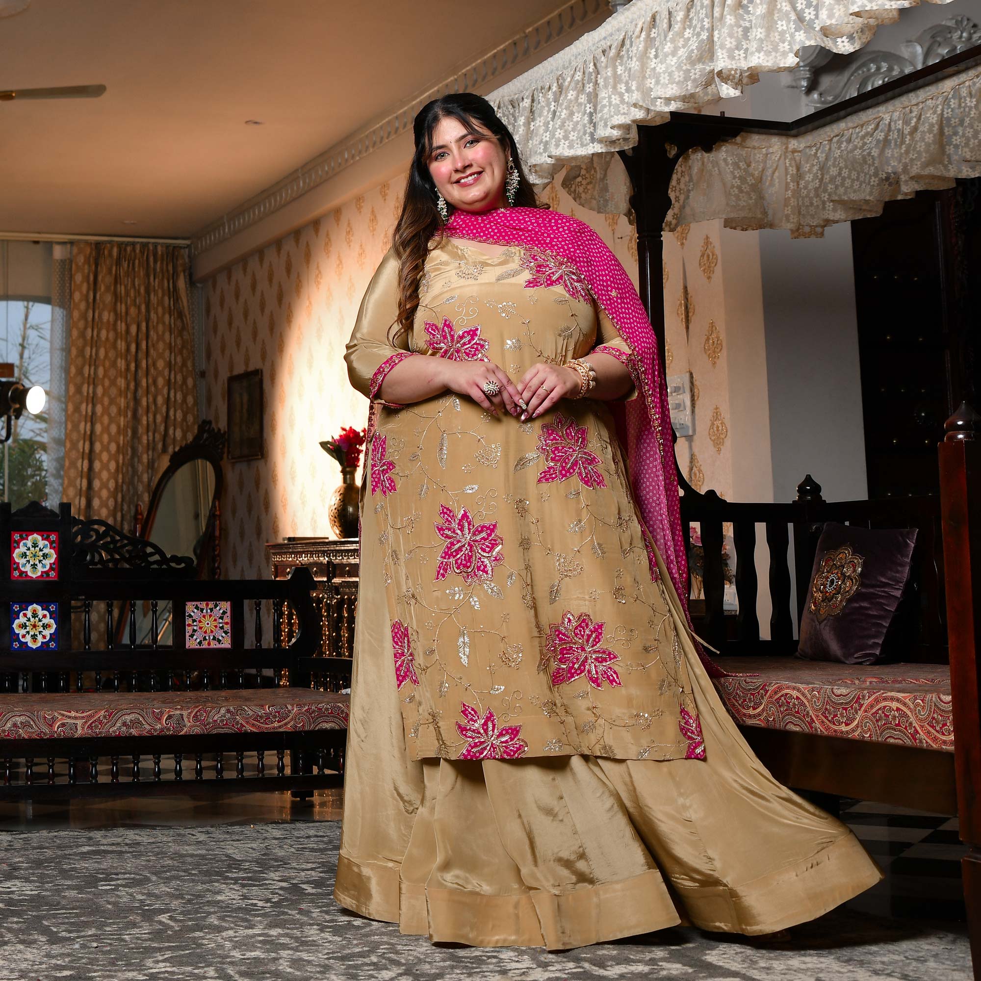 Ishq wala Love- Gold & Pink Pure Crepe Cutdana Embroidered Kurta Skirt Set