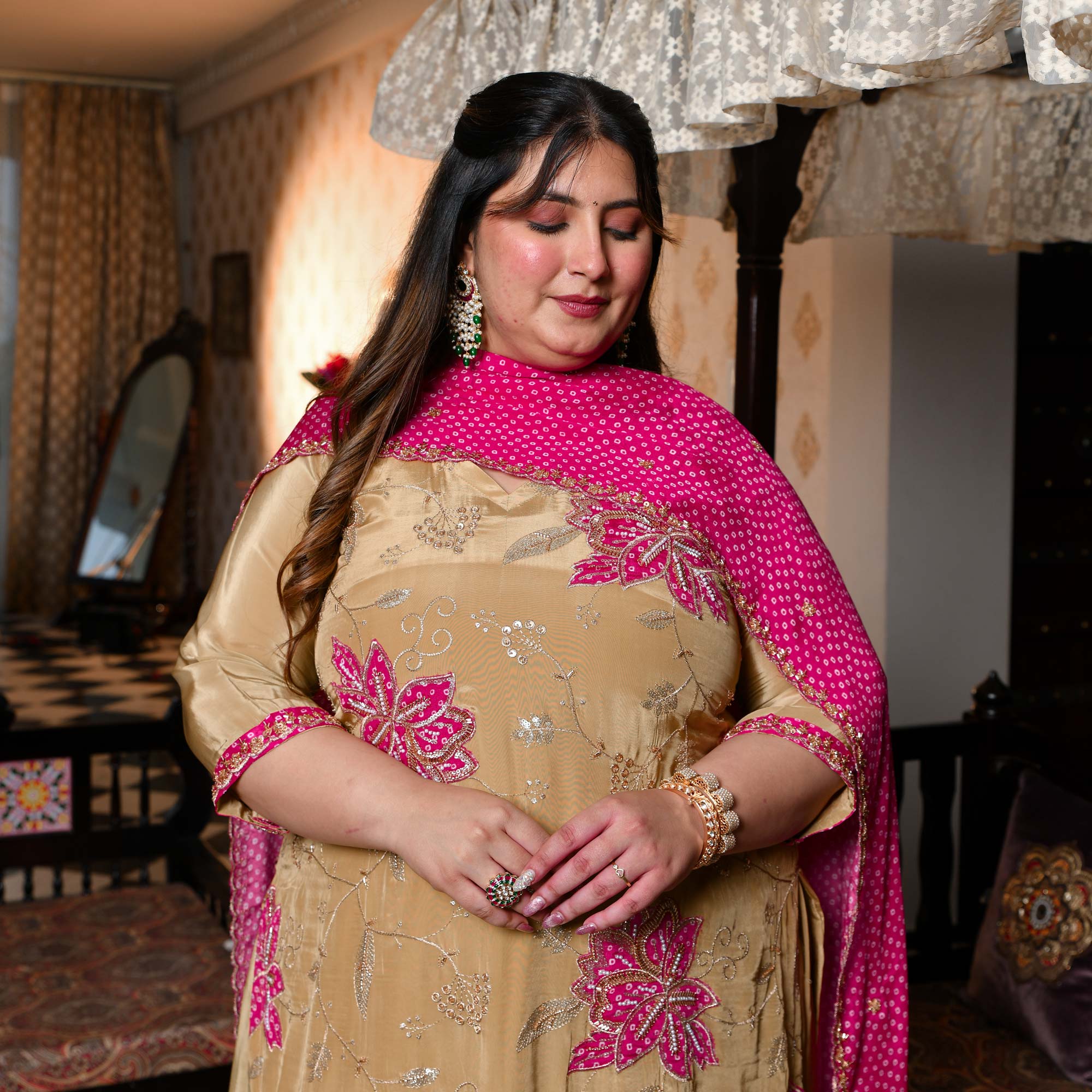 Ishq wala Love- Gold & Pink Pure Crepe Cutdana Embroidered Kurta Skirt Set