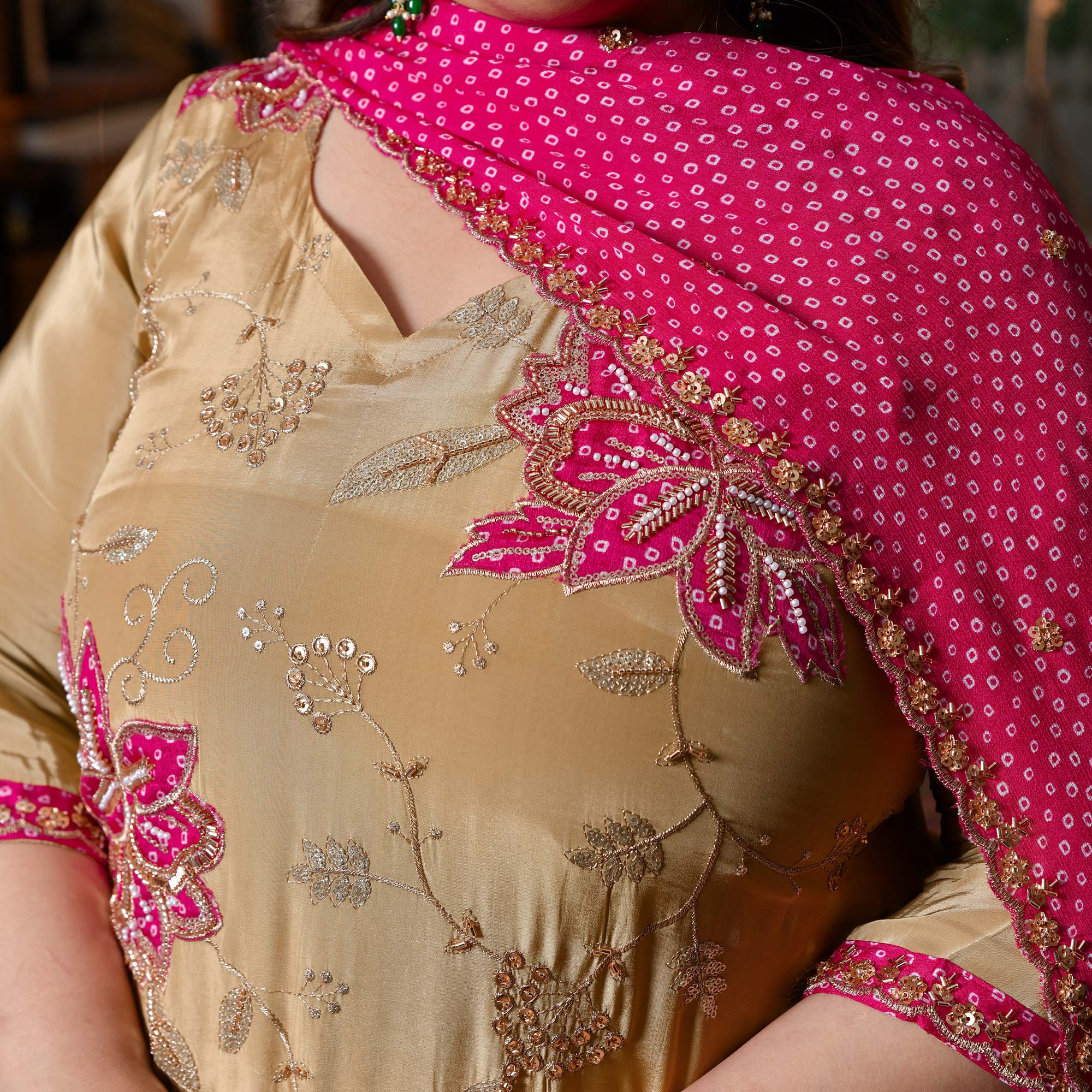 Ishq wala Love- Gold & Pink Pure Crepe Cutdana Embroidered Kurta Skirt Set