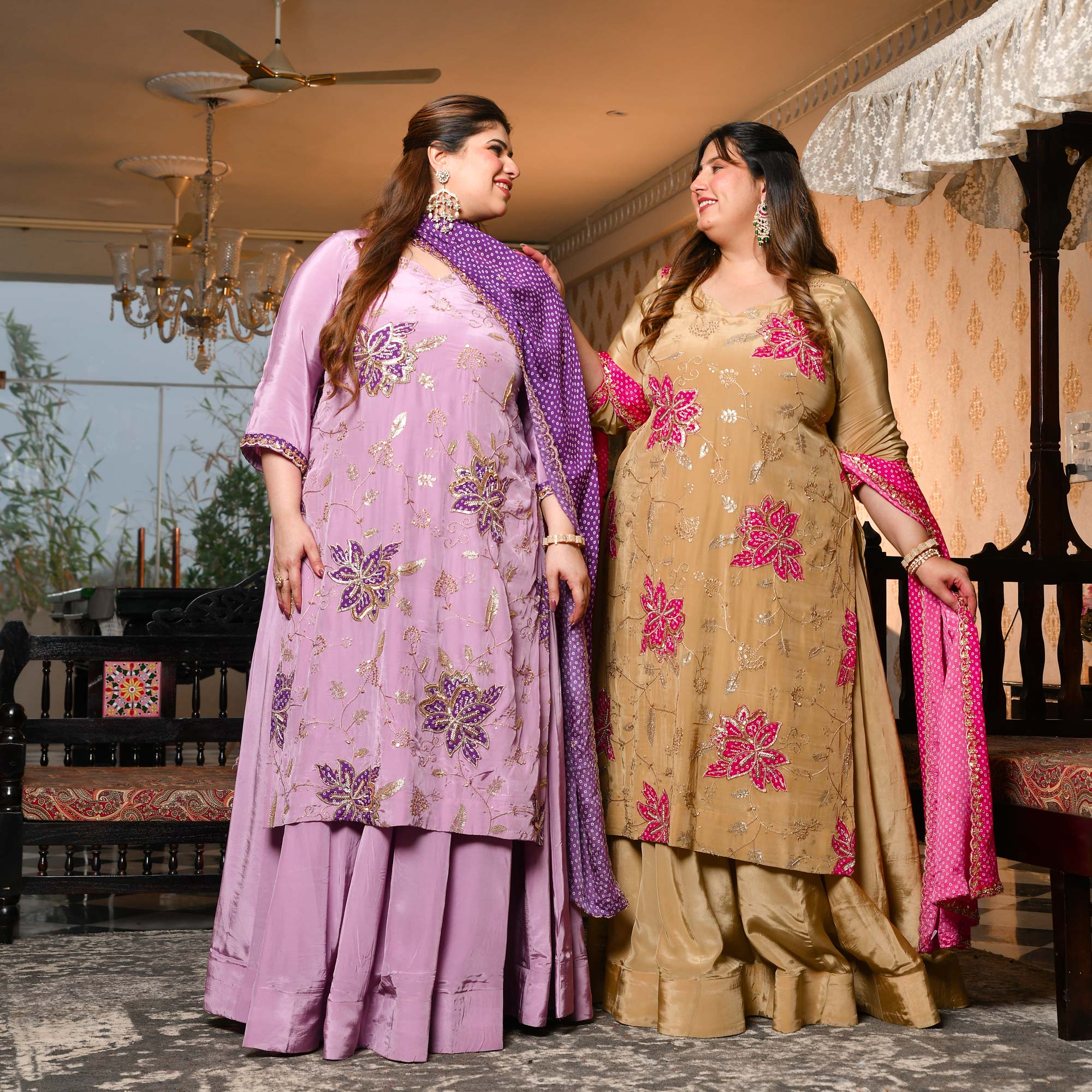 Ishq wala Love- Gold & Pink Pure Crepe Cutdana Embroidered Kurta Skirt Set