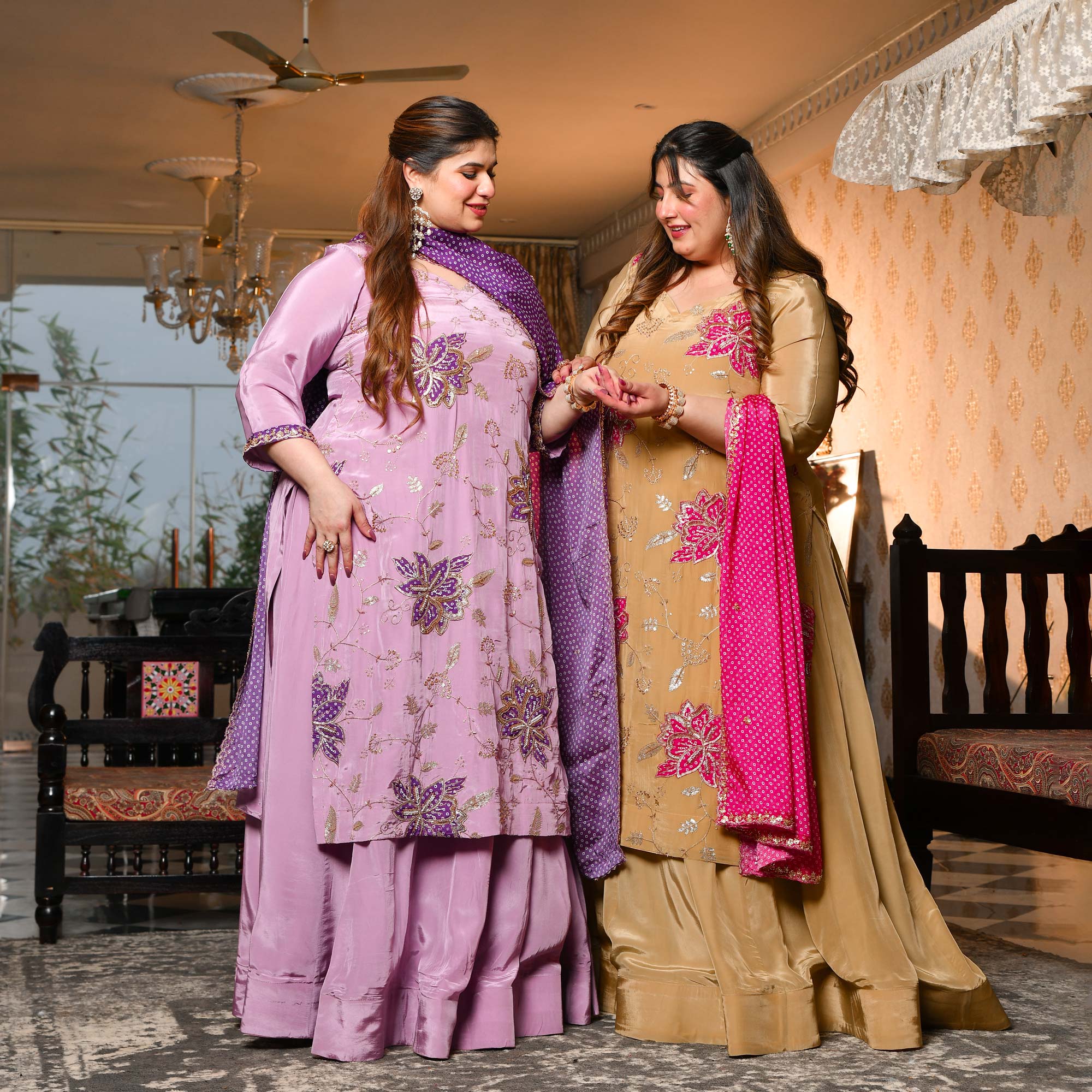 Ishq wala Love- Gold & Pink Pure Crepe Cutdana Embroidered Kurta Skirt Set