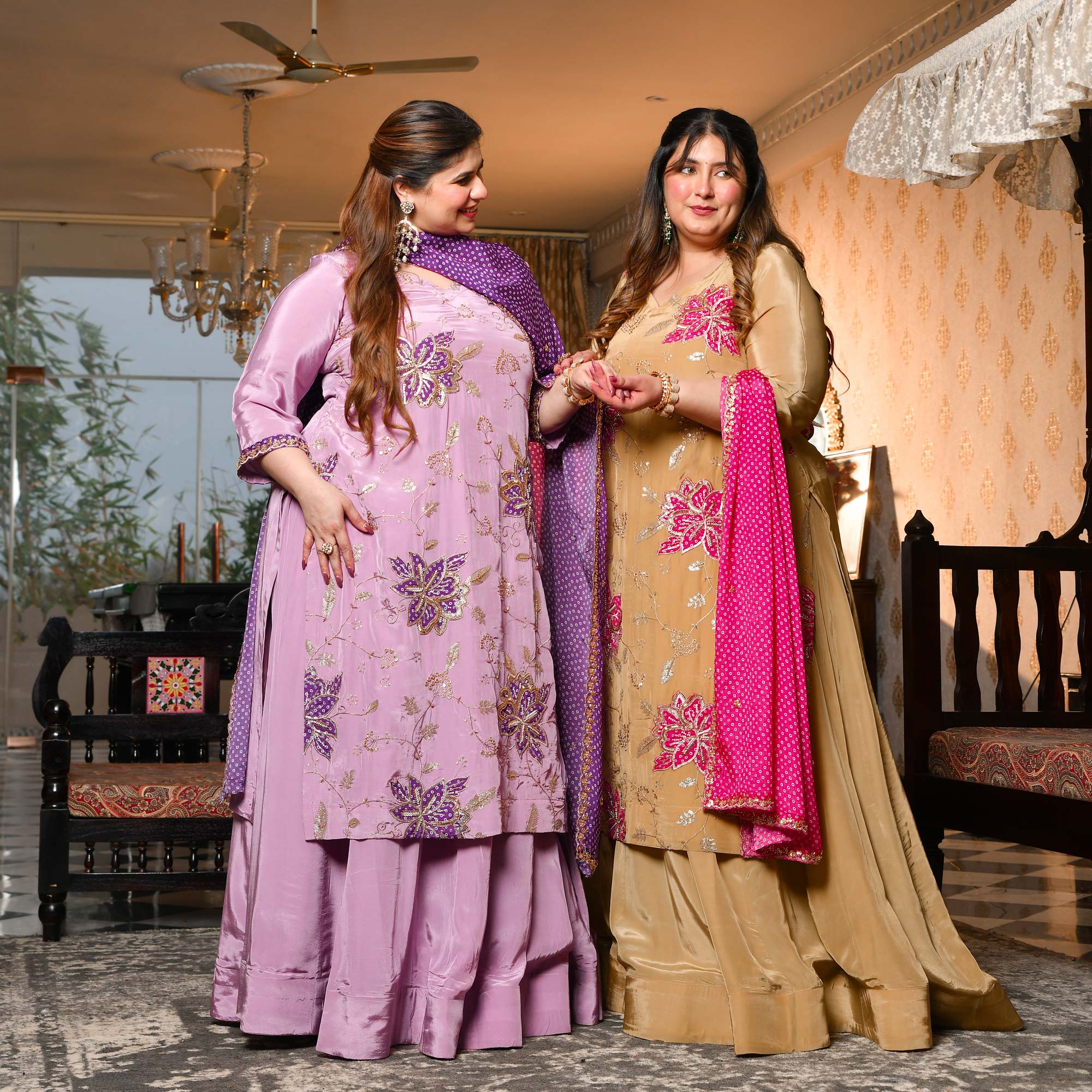 Ishq wala Love- Gold & Pink Pure Crepe Cutdana Embroidered Kurta Skirt Set