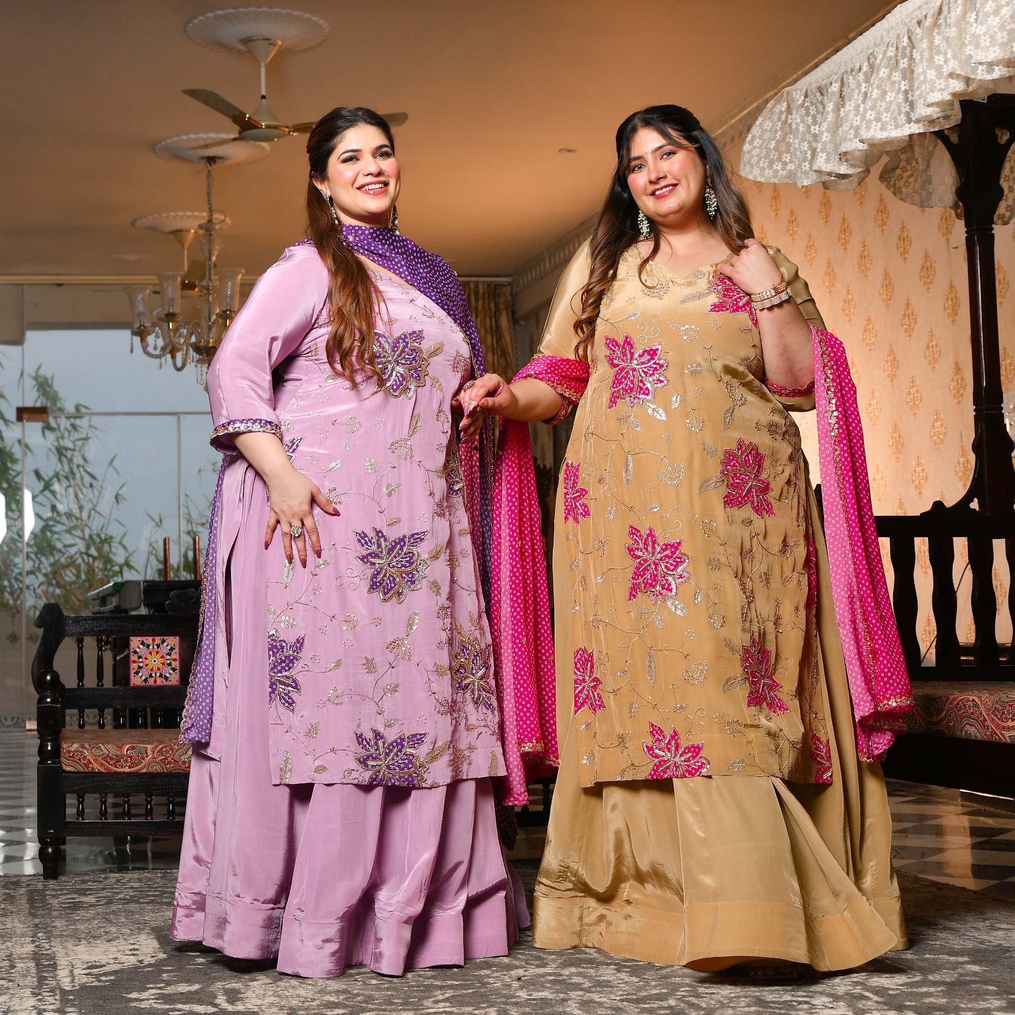 Ishq wala Love- Gold & Pink Pure Crepe Cutdana Embroidered Kurta Skirt Set