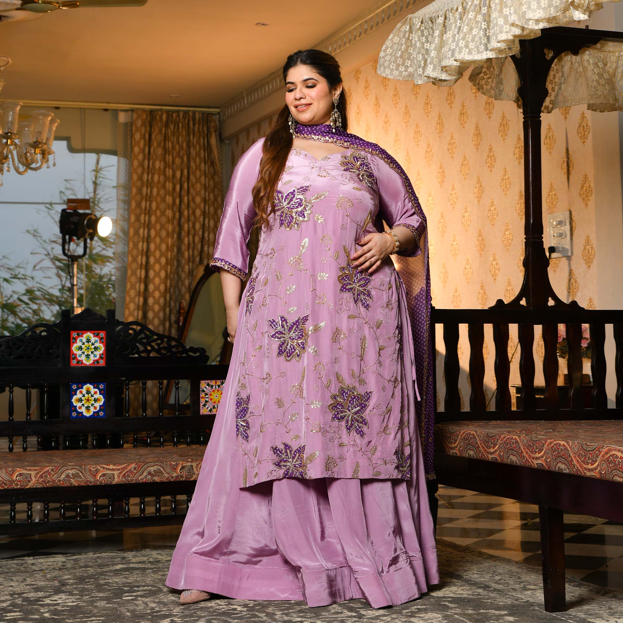 Dekha Tenu- Lilac & Purple Pure Crepe Cutdana Embroidered Kurta Skirt Set