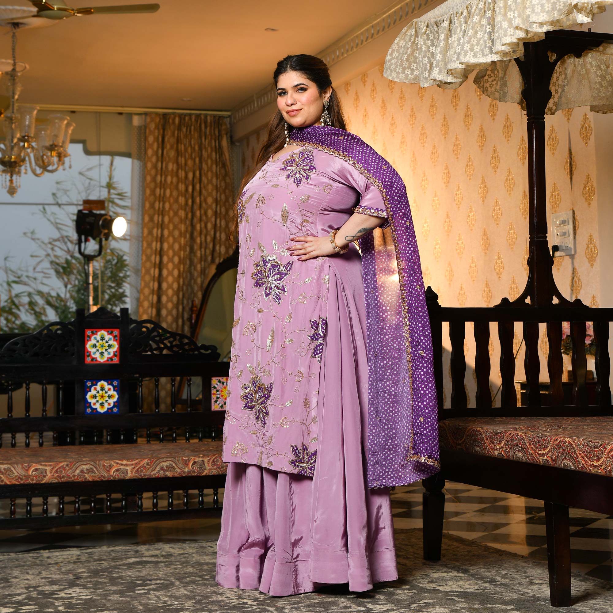 Dekha Tenu- Lilac & Purple Pure Crepe Cutdana Embroidered Kurta Skirt Set