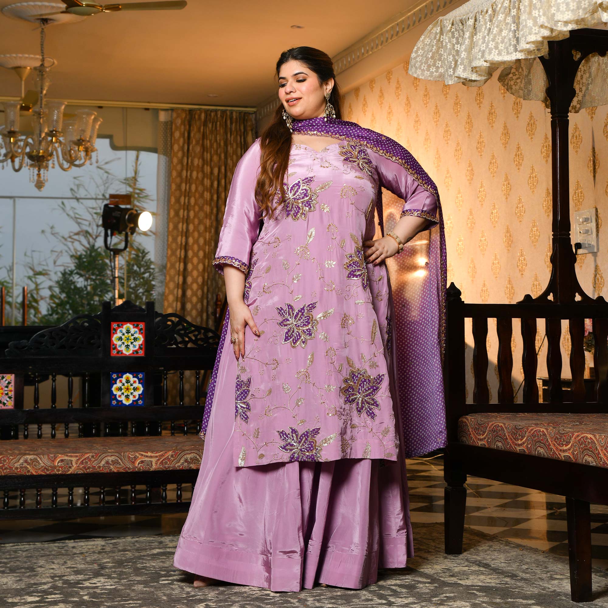Dekha Tenu- Lilac & Purple Pure Crepe Cutdana Embroidered Kurta Skirt Set