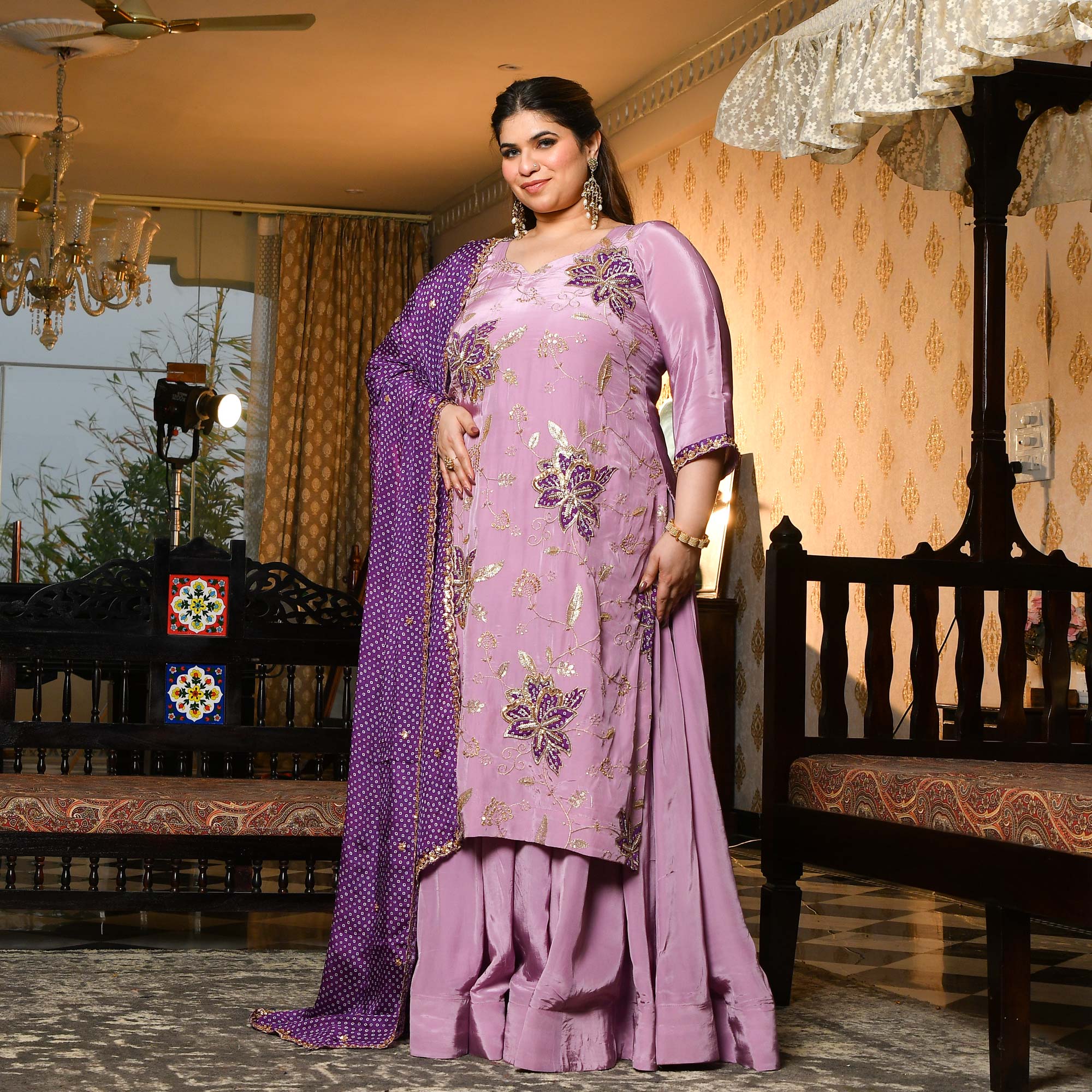 Dekha Tenu- Lilac & Purple Pure Crepe Cutdana Embroidered Kurta Skirt Set