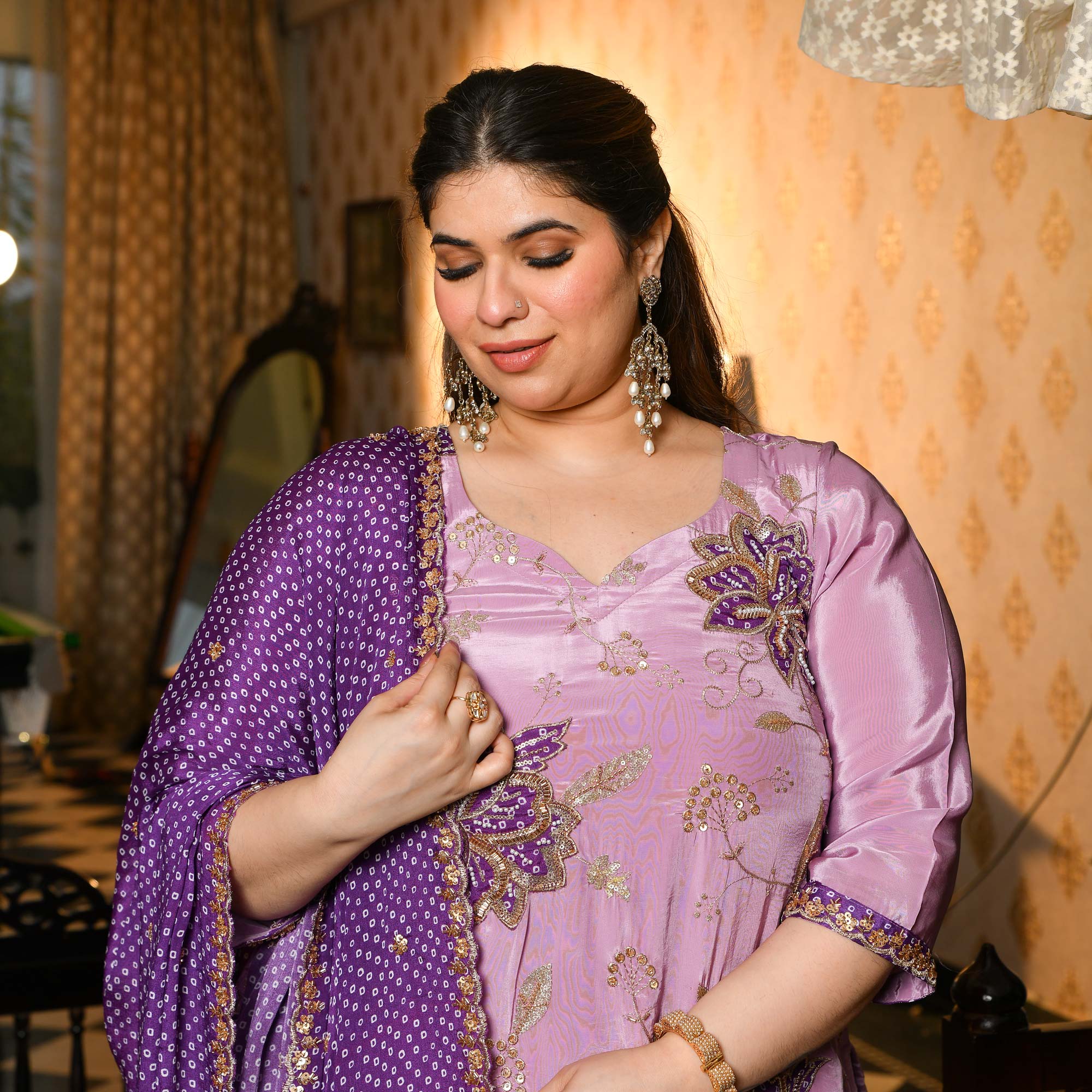 Dekha Tenu- Lilac & Purple Pure Crepe Cutdana Embroidered Kurta Skirt Set