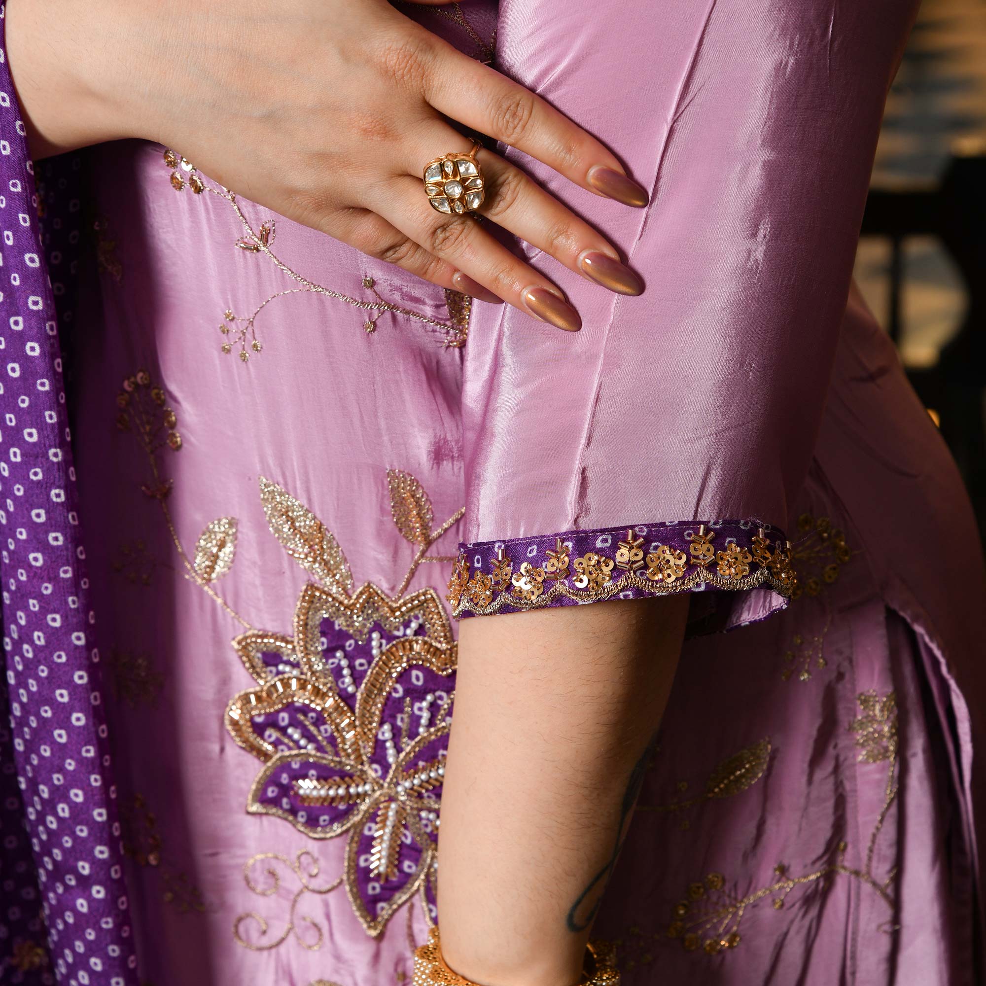 Dekha Tenu- Lilac & Purple Pure Crepe Cutdana Embroidered Kurta Skirt Set