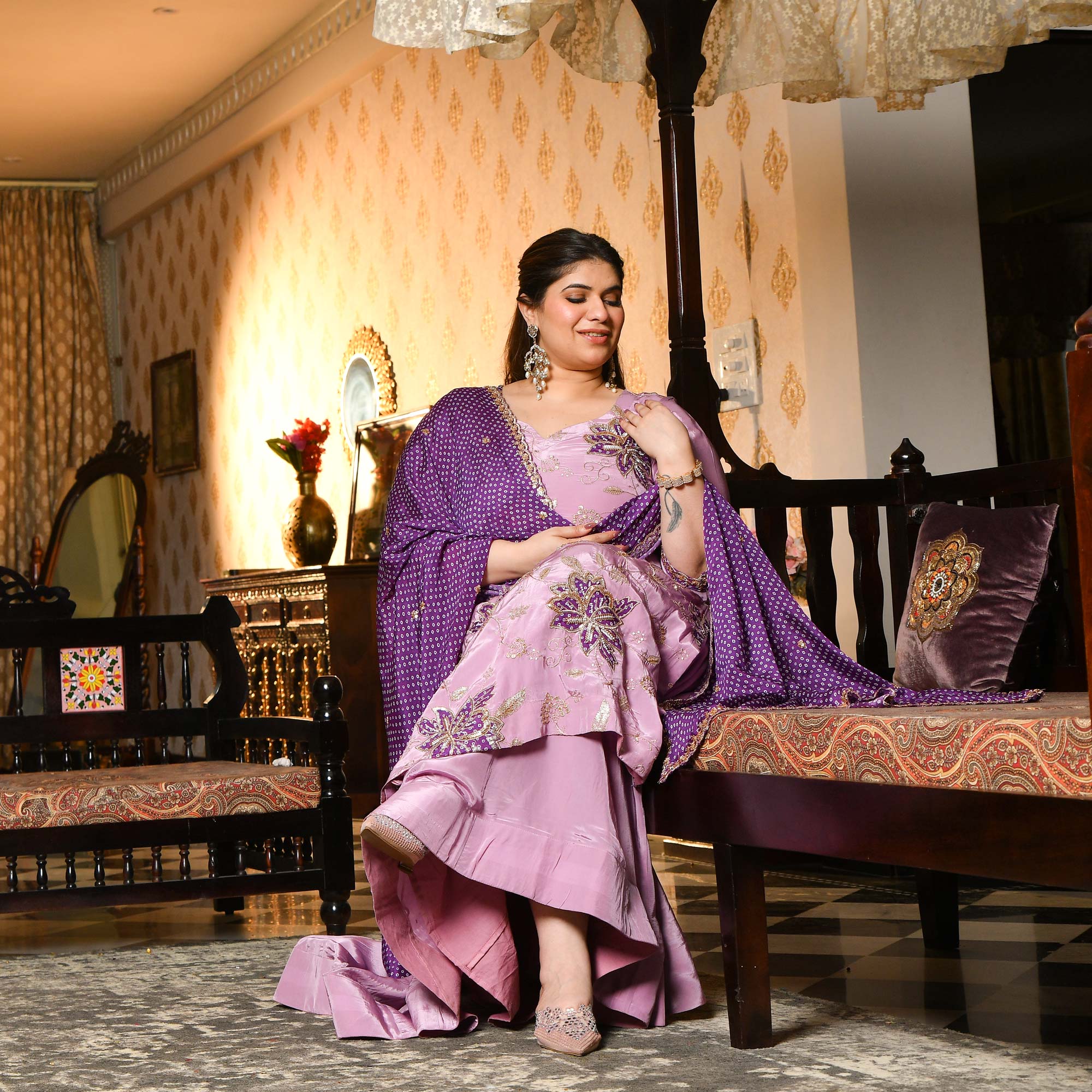 Dekha Tenu- Lilac & Purple Pure Crepe Cutdana Embroidered Kurta Skirt Set