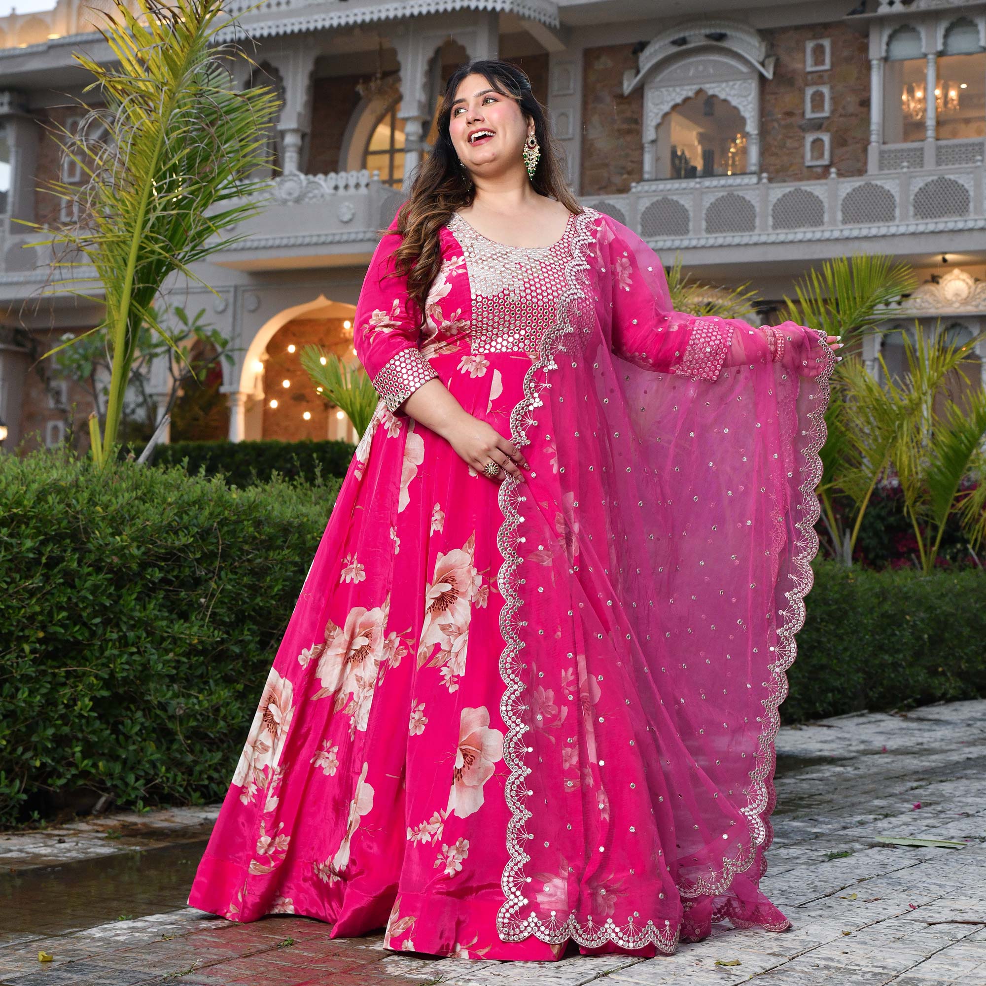 Dream Girl- Pink Pure Crepe Mirror Embroidered Anarkali Set