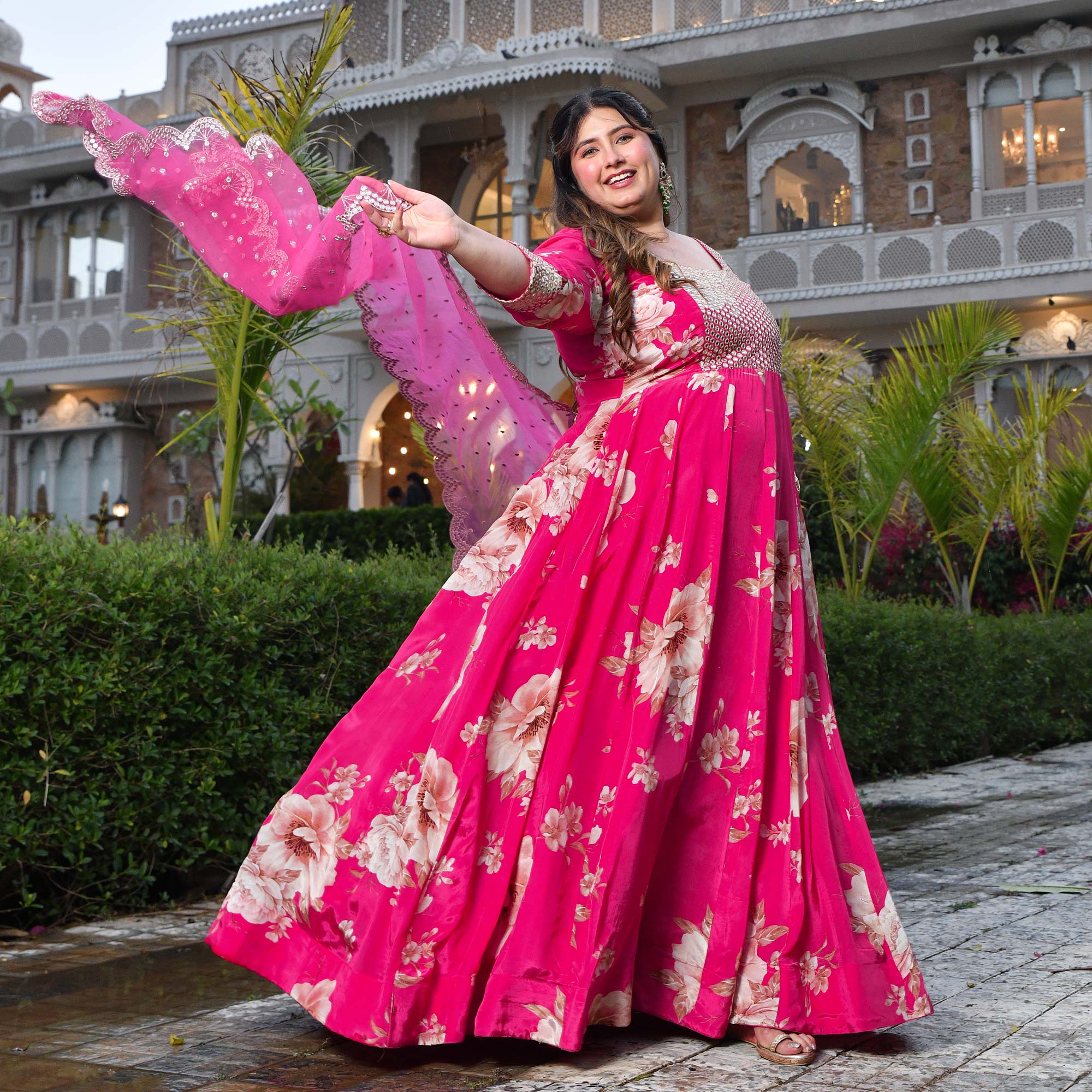 Dream Girl- Pink Pure Crepe Mirror Embroidered Anarkali Set