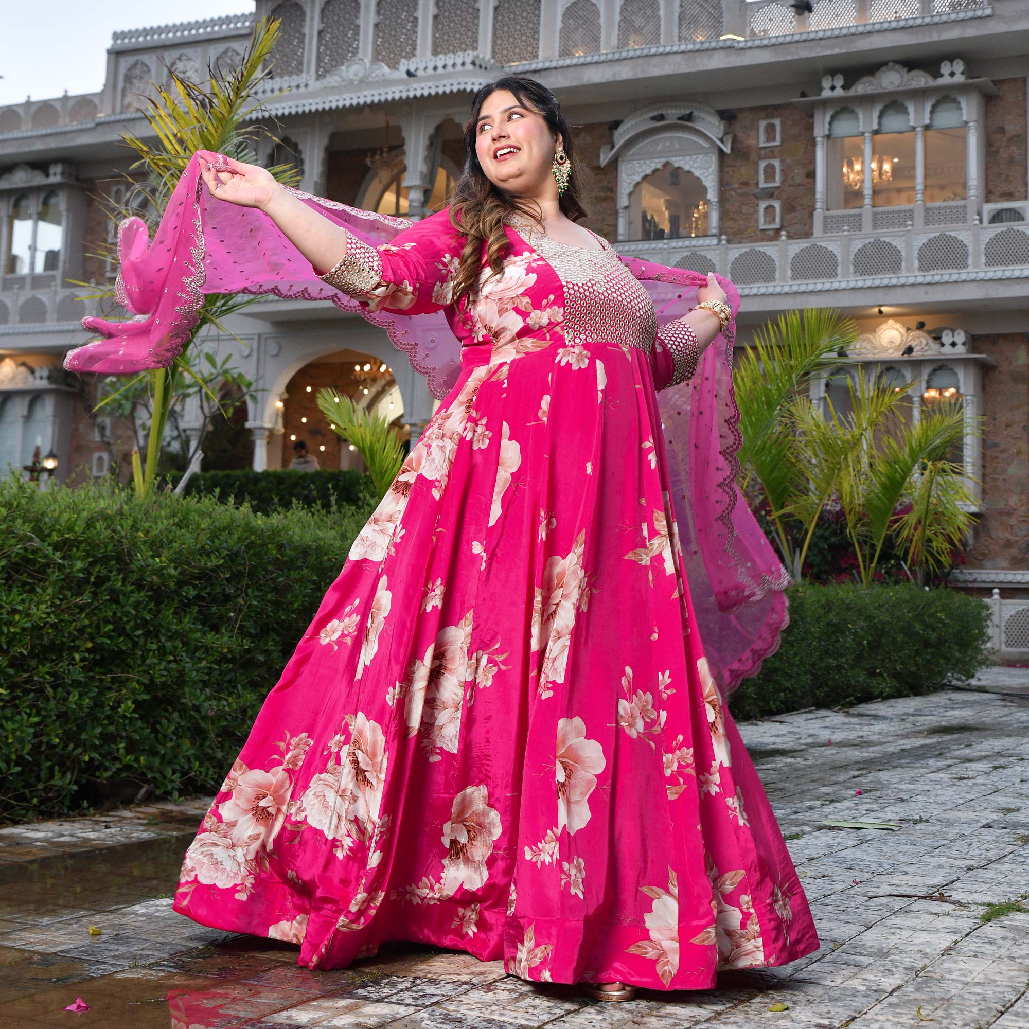 Dream Girl- Pink Pure Crepe Mirror Embroidered Anarkali Set