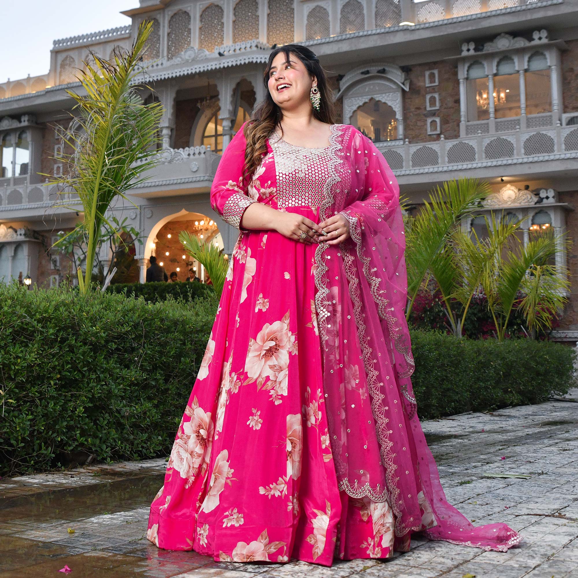 Dream Girl- Pink Pure Crepe Mirror Embroidered Anarkali Set