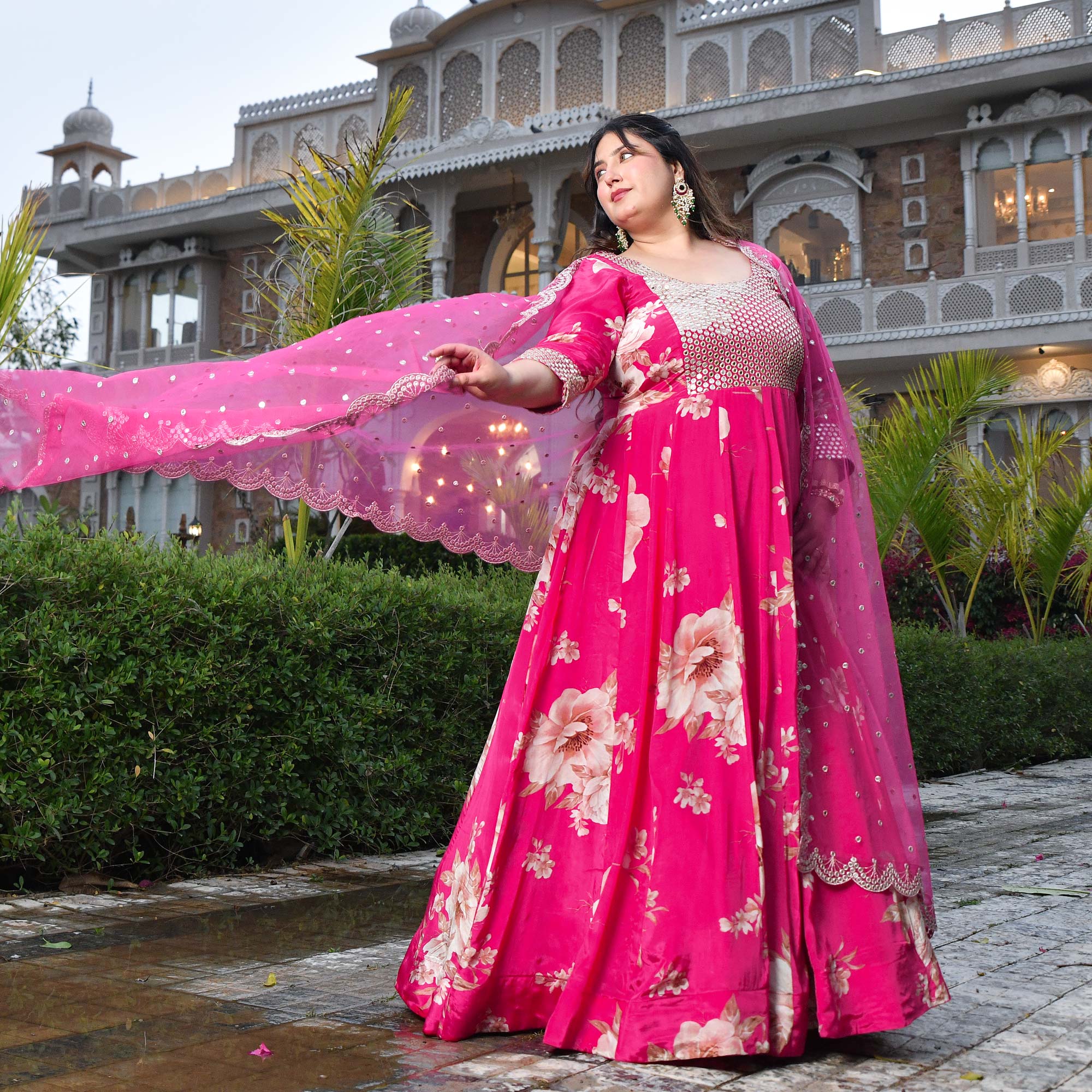 Dream Girl- Pink Pure Crepe Mirror Embroidered Anarkali Set