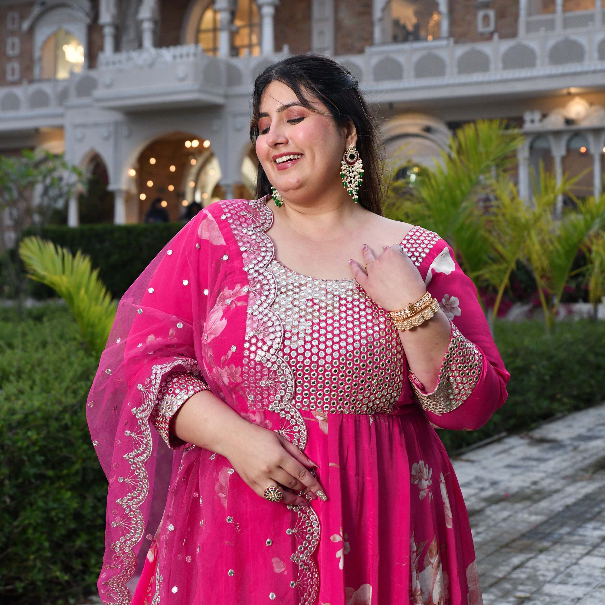 Dream Girl- Pink Pure Crepe Mirror Embroidered Anarkali Set