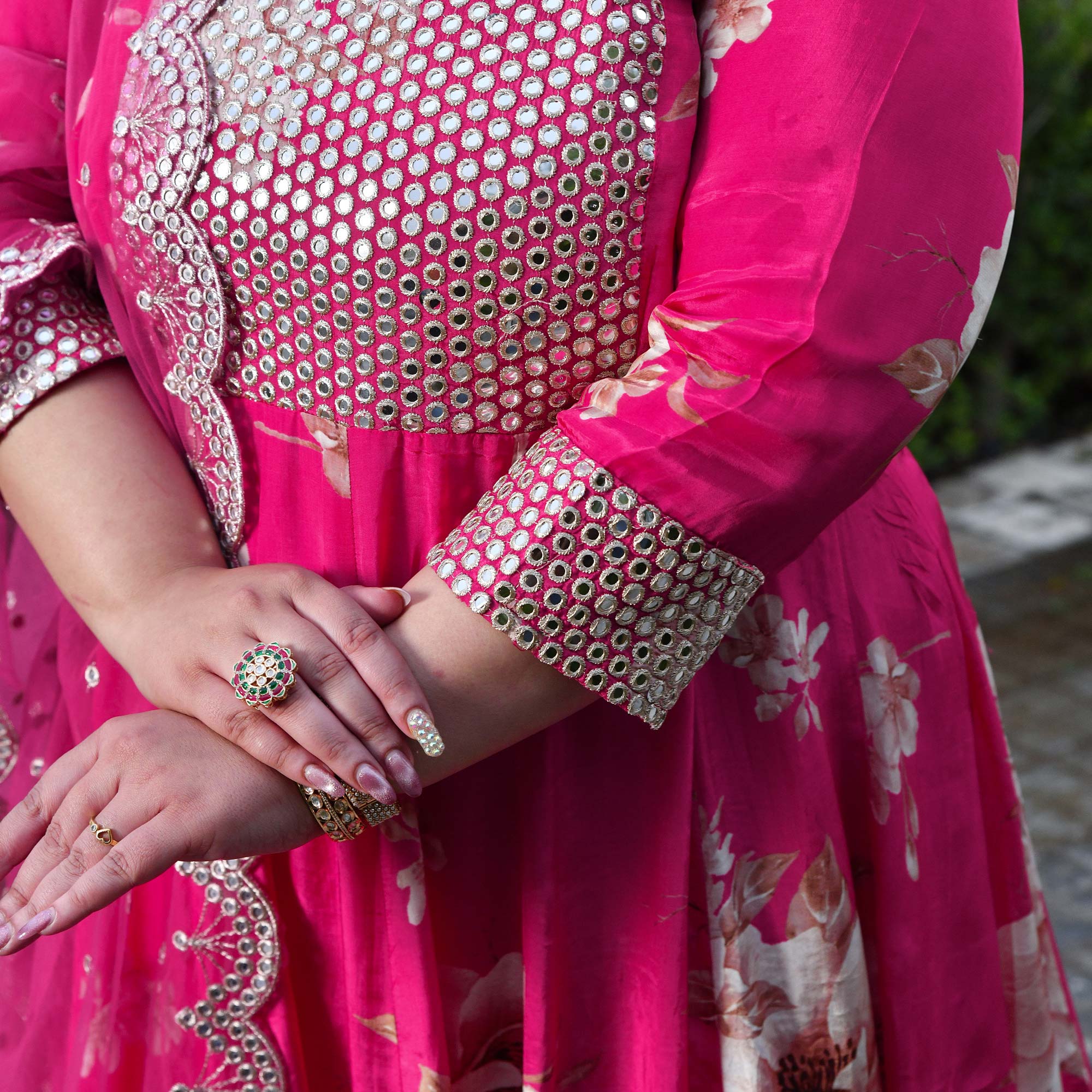 Dream Girl- Pink Pure Crepe Mirror Embroidered Anarkali Set
