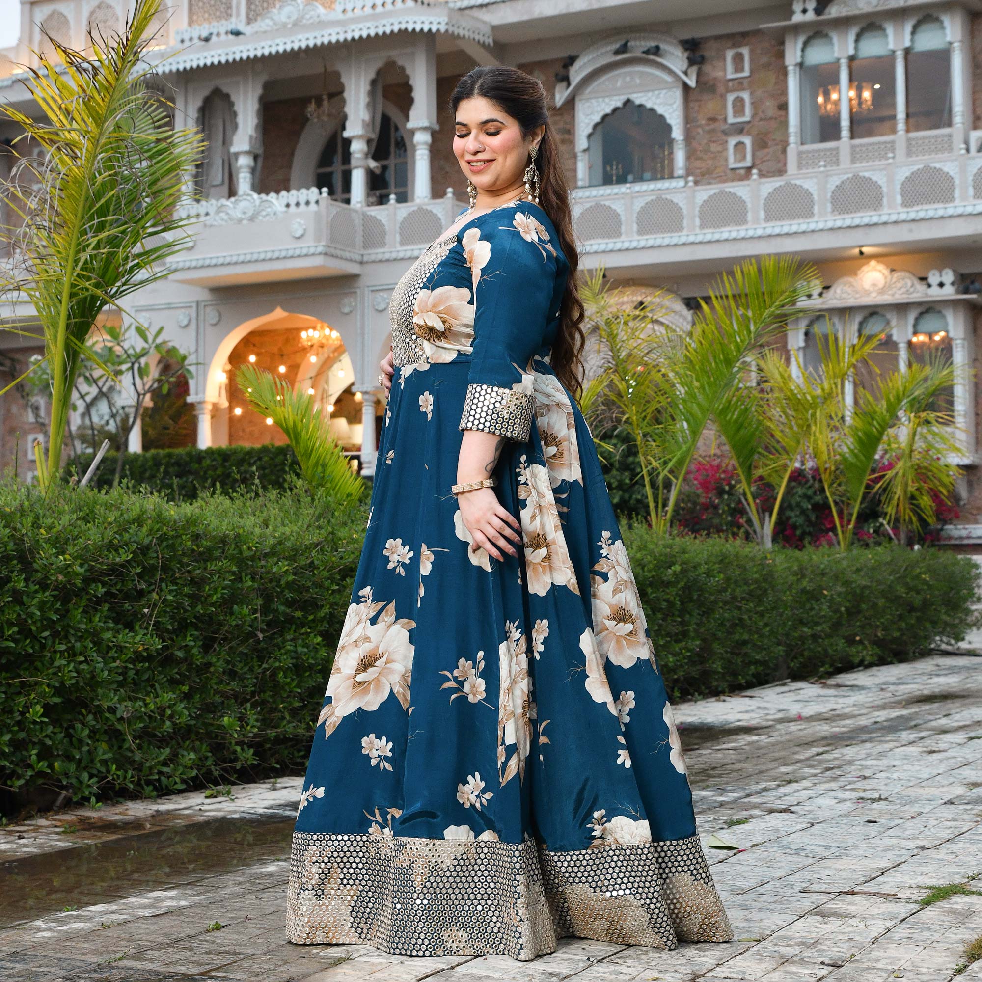 Dil Jhoom- Dark Blue Floral Pure Crepe Mirror Embroidered Anarkali Set