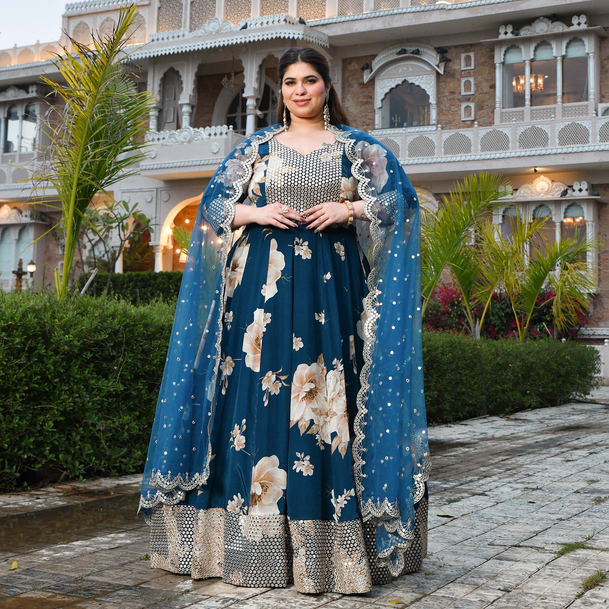 Dil Jhoom- Dark Blue Floral Pure Crepe Mirror Embroidered Anarkali Set